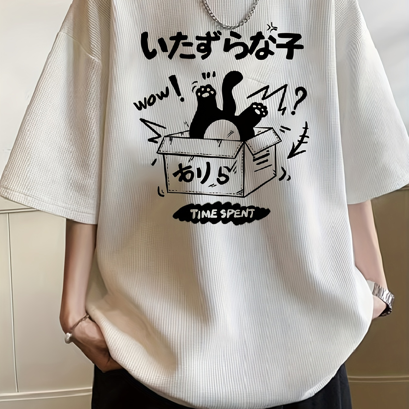 

Trendy Waffle-knit Casual Tee With Graffiti Cat Print - Breathable Polyester, Machine Washable, Round Neck - Fitness & Training