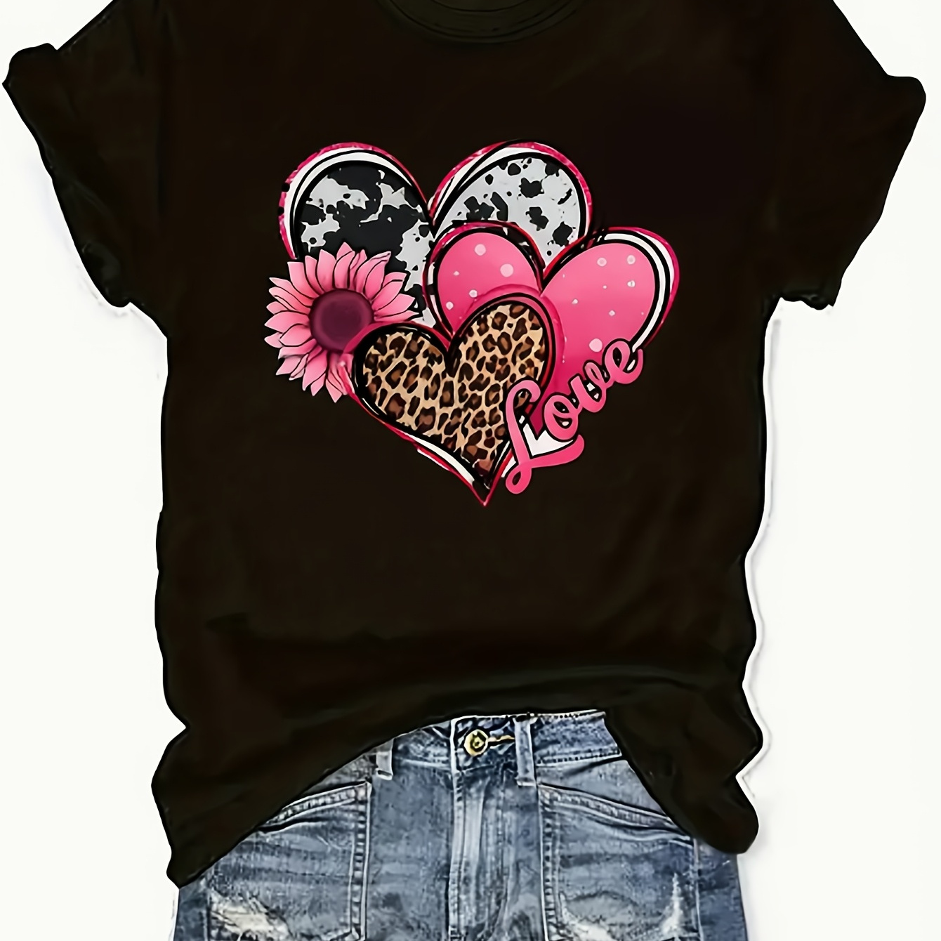 

Heart & Floral Print T-shirt, Short Sleeve Crew Neck Casual Top For Summer & 's Clothing