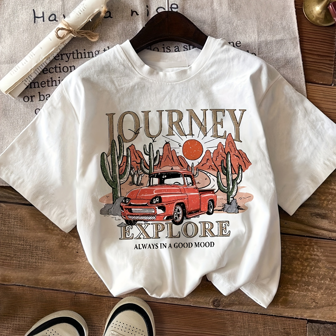 

Desert & Car Print T-shirt, Short Sleeve Crew Neck Casual Top For Summer & Spring, Women's Clothing