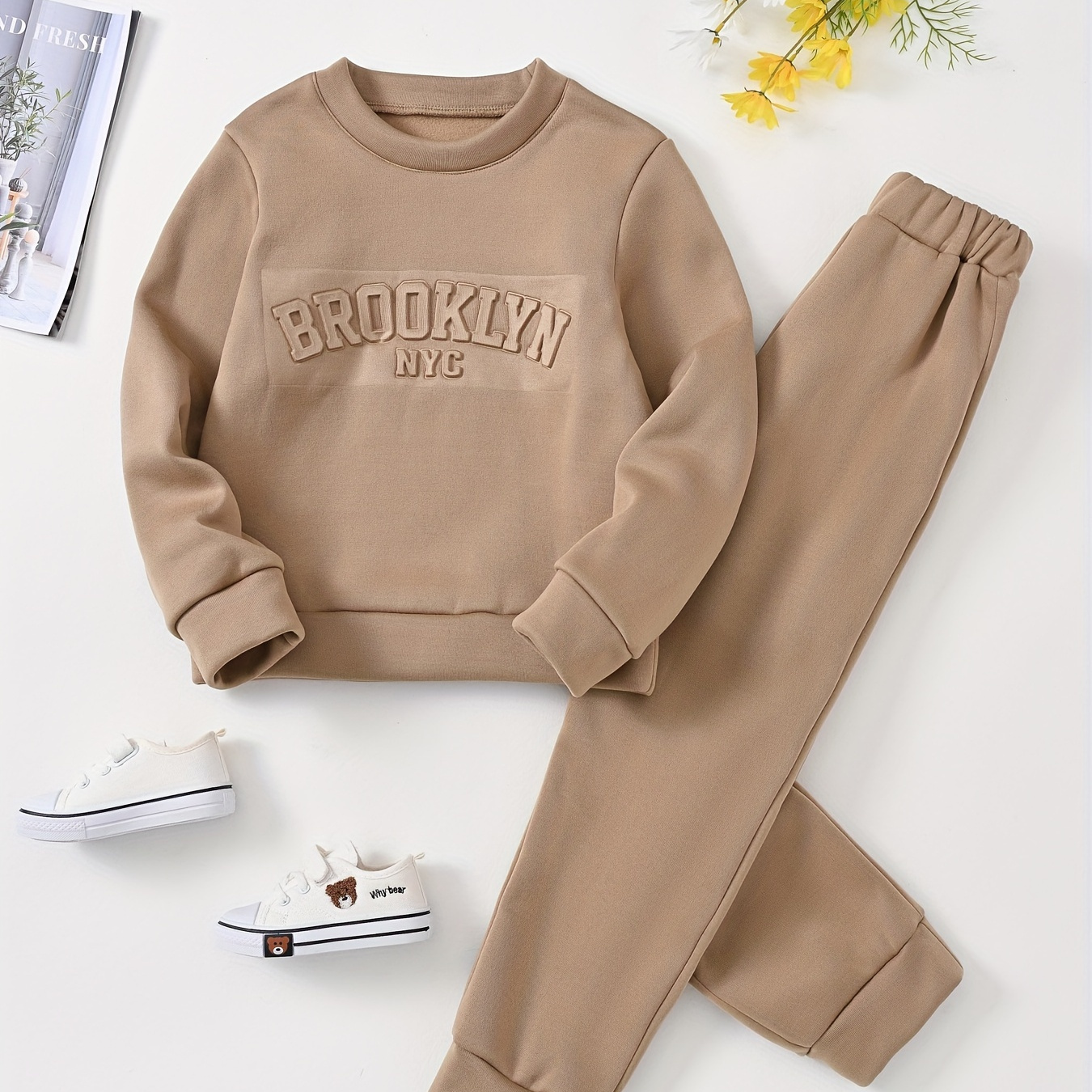 

1 Set Girl's '' Embossed Long- Sweatshirt Top + Pants - & Fall Outfit, As , Cloth