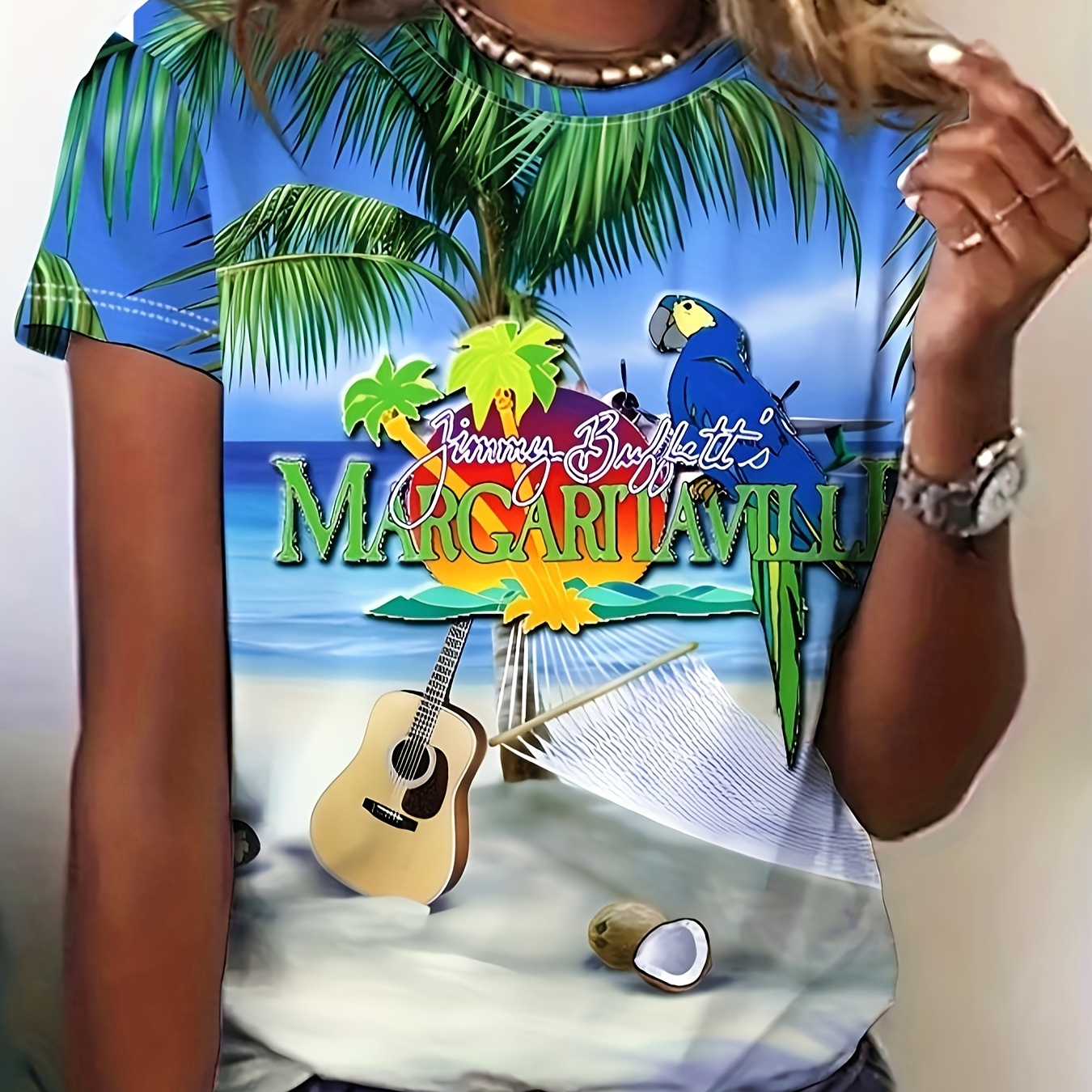 

Beach & Coconut Tree Print Crew Neck T-shirt, Short Sleeve Casual Tee For Spring & Summer, Women's Clothing