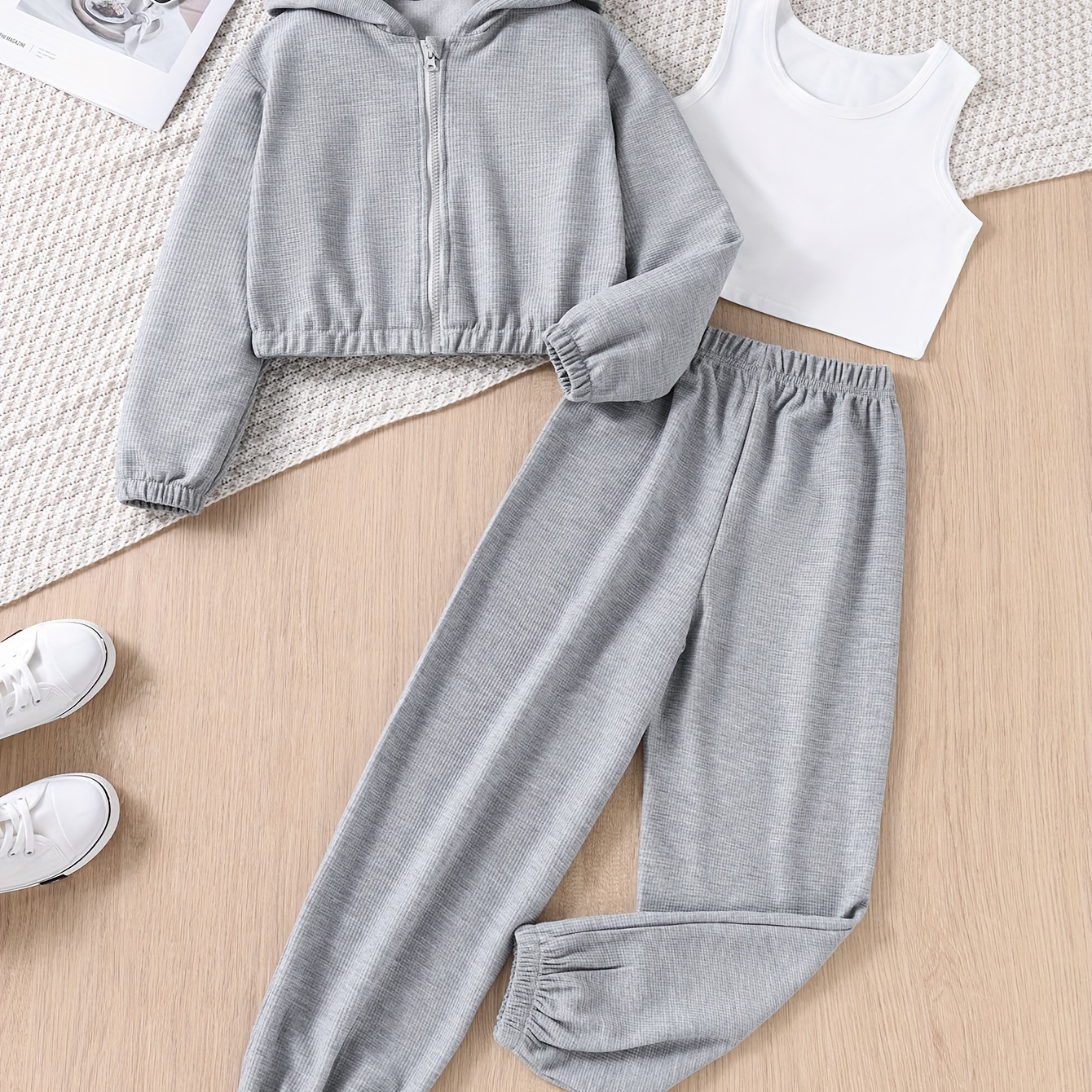 

[3pcs] Waffle Knit Zip-up Hoodie Jacket + Comfy Pants With Tank Top Set Girls Trendy Outfit, Suitable For Spring Fall Daily Outdoor Fun