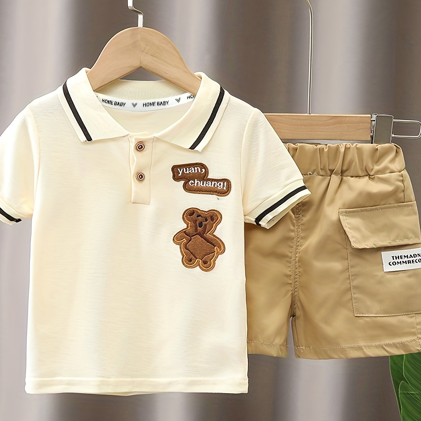 

Petit Costume Décontracté Pour Garçons - Haut De Chemise Brodé D'un Ours Mignon Et De Lettres + Shorts