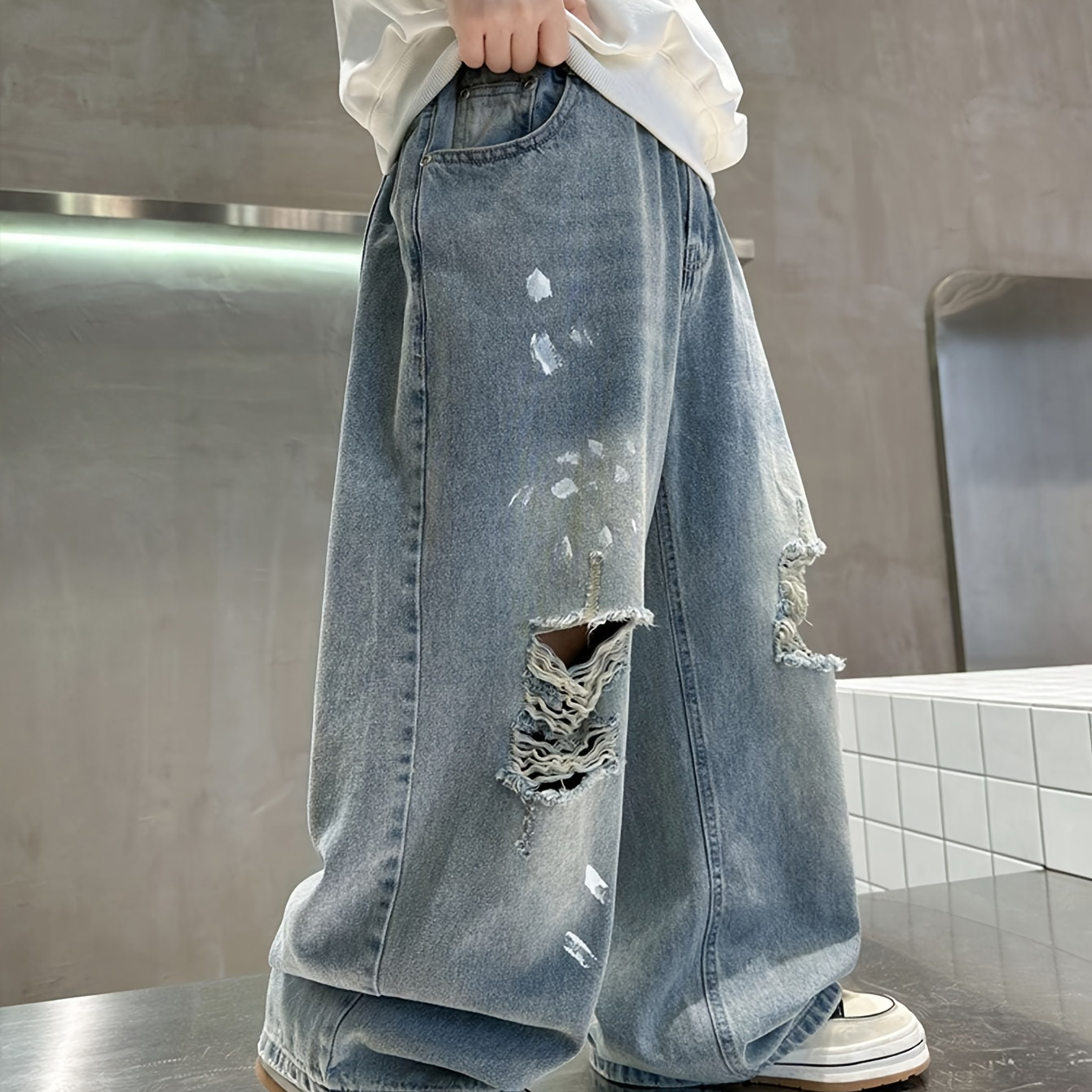 

Boys Casual Ripped Jeans - Wide Leg Denim Pants For Children, Loose-fit Long Length Trousers With Washed Detail, Cotton Blend Fabric, Non-stretch, Perfect For Spring/fall - Ages 12 And Under