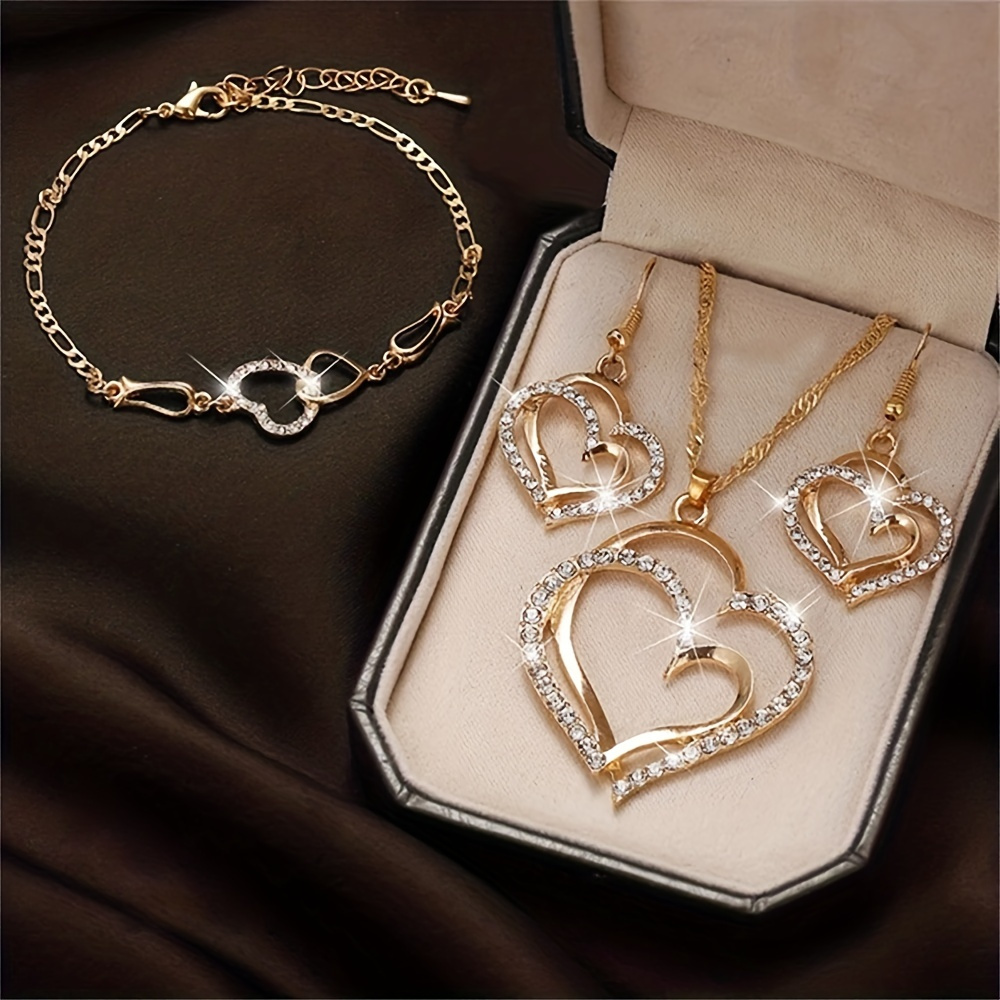 

Double Hollow Love Heart Jewelry Set With Pendant Necklace & Drop Earrings & Chain Bracelet Inlaid Shiny Zircon Vintage Style Jewelry Set