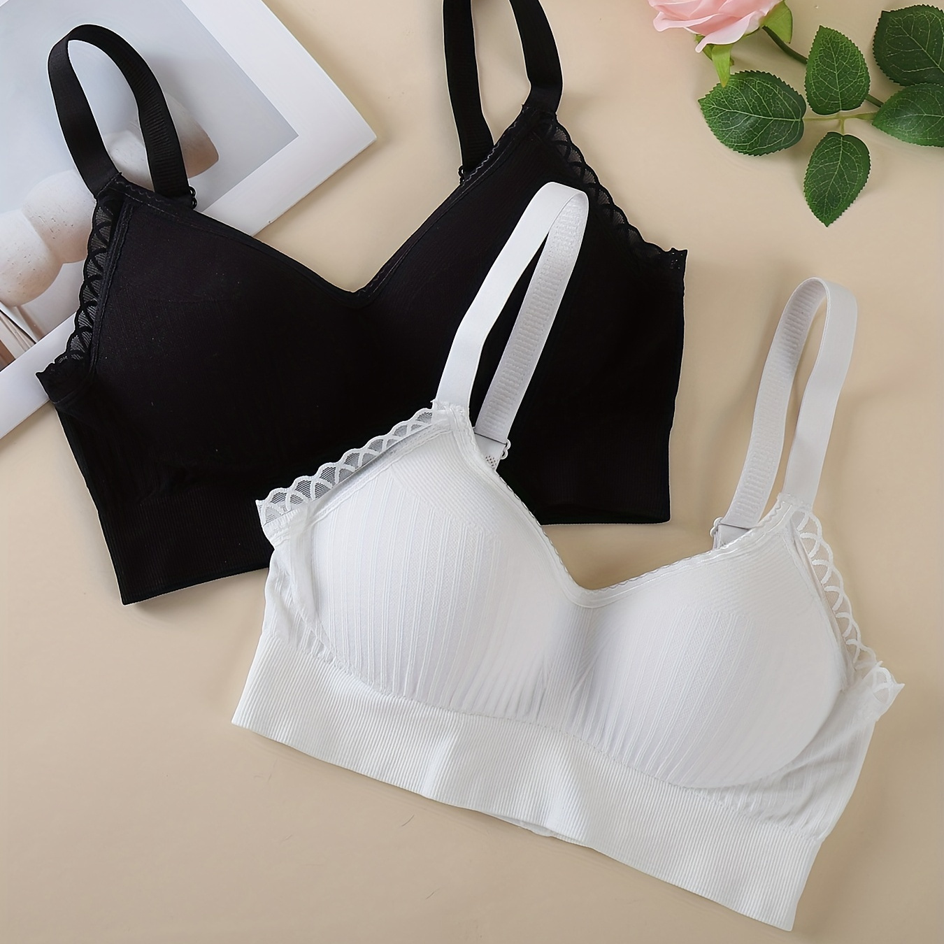 

2pcs Women's Wireless Bras With Lace Detail - Comfy, Non-padded, Full Coverage Support