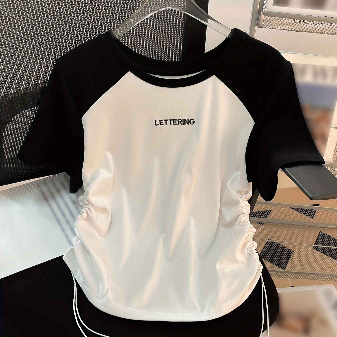 

Letter Print Crew Neck T-shirt, Casual Color Block Drawstring Raglan Sleeve Top For Spring & Summer, Women's Clothing