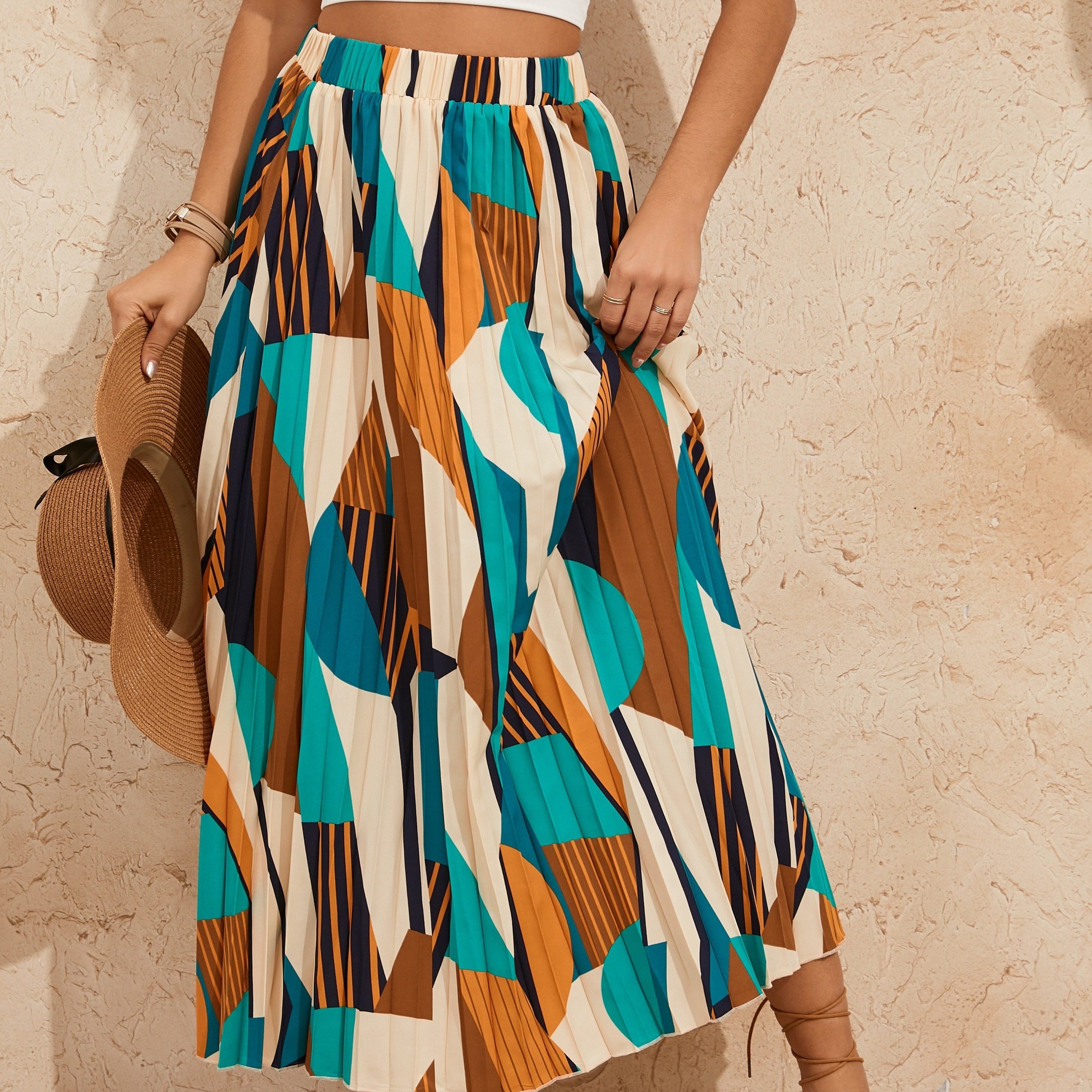 

Jupe taille haute à imprimé géométrique, jupe plissée élégante en forme de A pour le printemps et l'été, vêtements pour femmes