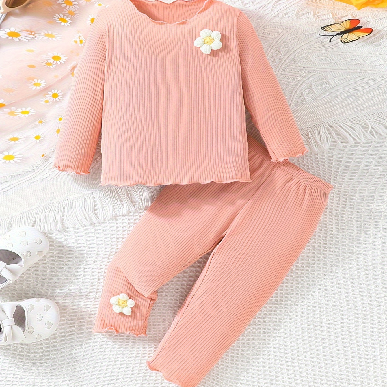 

Baby's Flower Decor 2pcs Casual Outfit, Ribbed Long Sleeve Top & Solid Color Pants Set, Toddler & Infant Girl's Clothes For Daily/holiday/party
