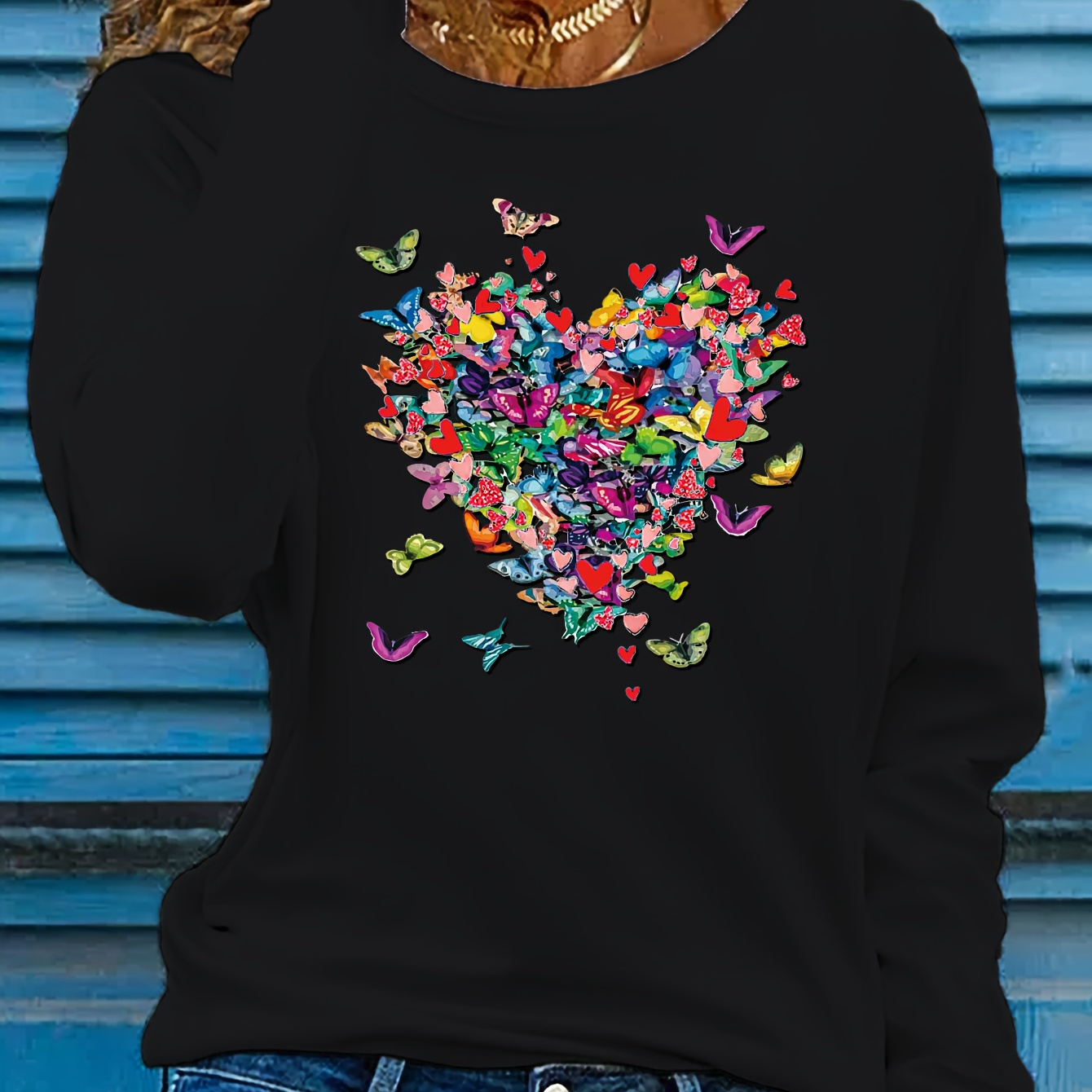 

T-shirt Imprimé Cœur De Papillon, Haut Décontracté À Manches Longues Et Col Rond Pour Le Printemps Et L'automne, Vêtements Pour Femmes