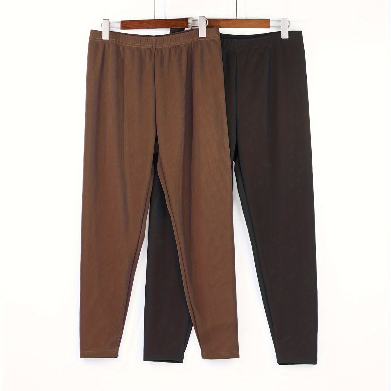 

2pcs Women's Plus Shorts, Plus Size Solid Waistband Medium Stretch Trousers For Fall & Winter