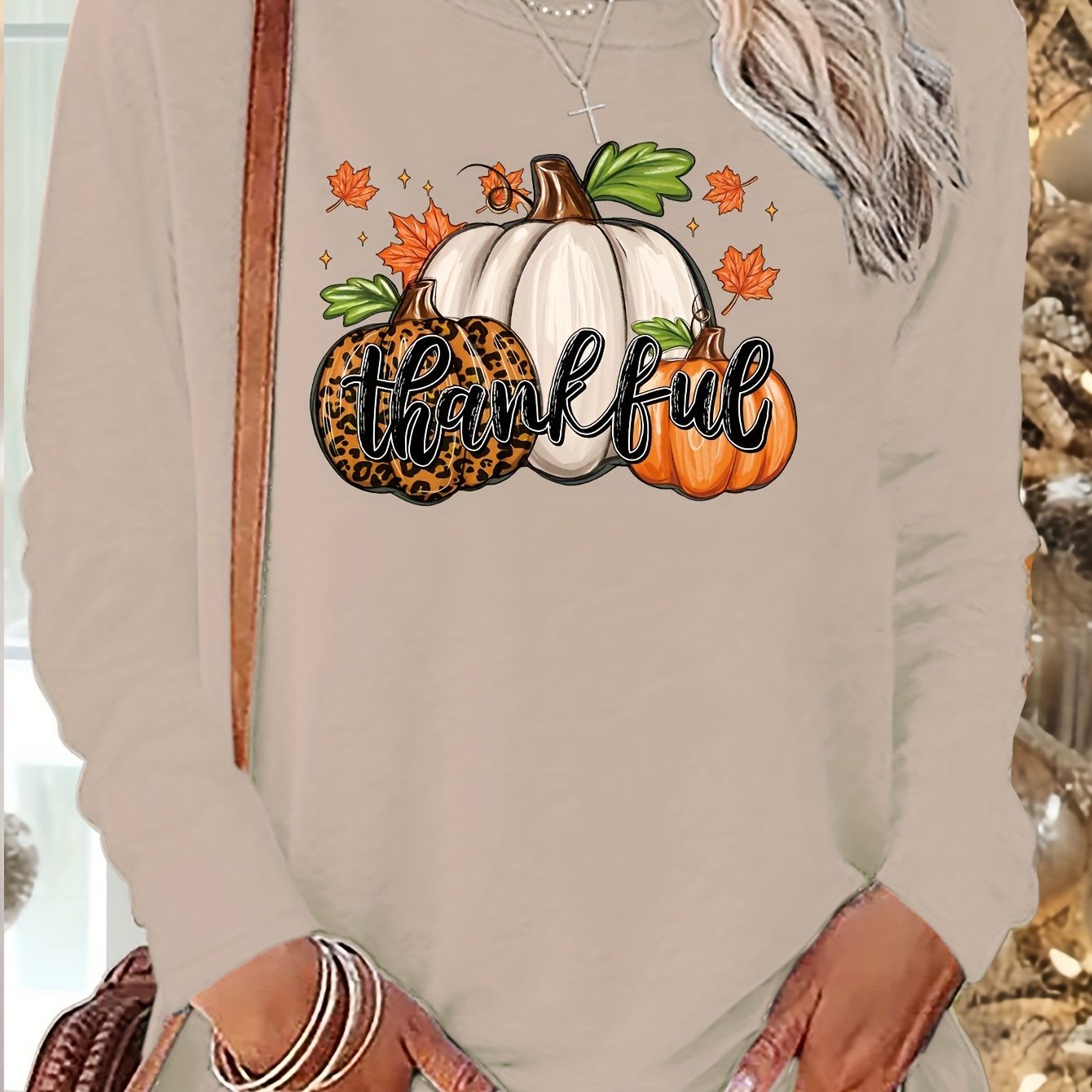 

Women's Long Sleeve T-shirt, Pumpkin & Fruit , Casual Round Neck, Regular Fit, Polyester Knit, Autumn Fashion Top, Sleeve Length, No Pads, Pullover Style