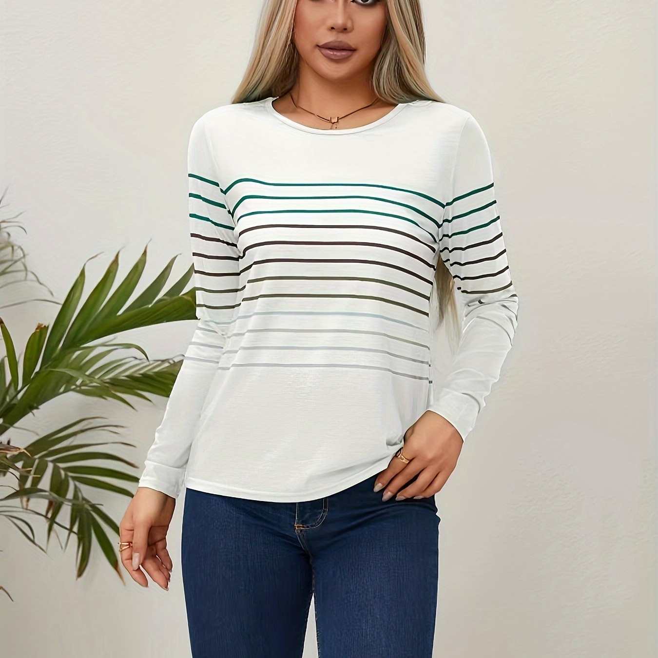 

Striped Crew Neck T-shirt, Elegant Long Sleeve Top For Spring & Fall, Women's Clothing