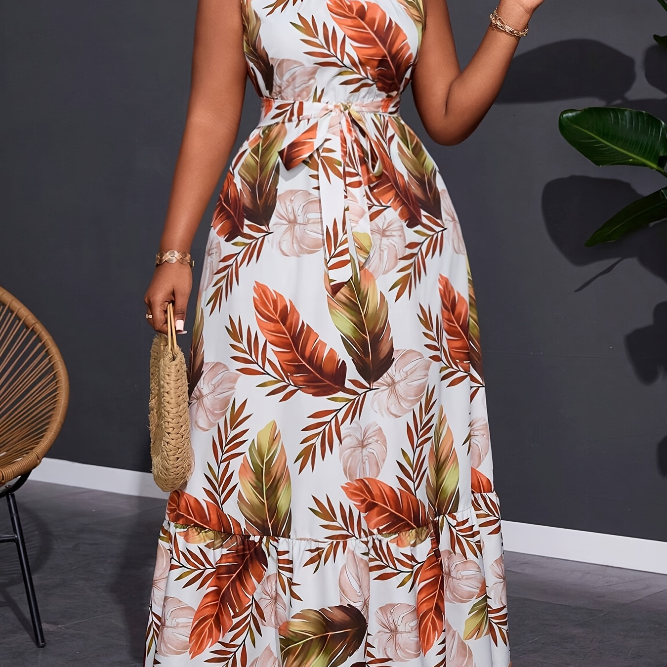 

1pc Elegant Sleeveless Crew Neck Maxi Dress With Belt, Women's Plus Size Polyester Plant Print, Summer Fitted Long Dress With Pullover Detail, Non-stretch Woven Fabric