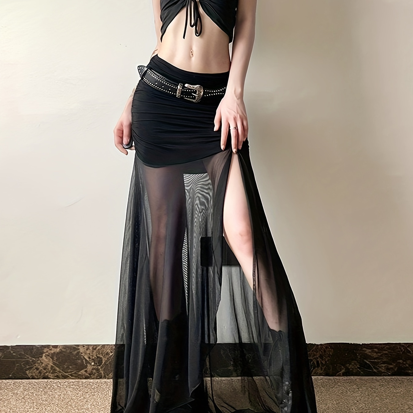 

2024 Summer New Women's Clothing In A - European And , Featuring A Solid Color, Slim Fit, High-waisted, Mesh Split Midi Skirt.