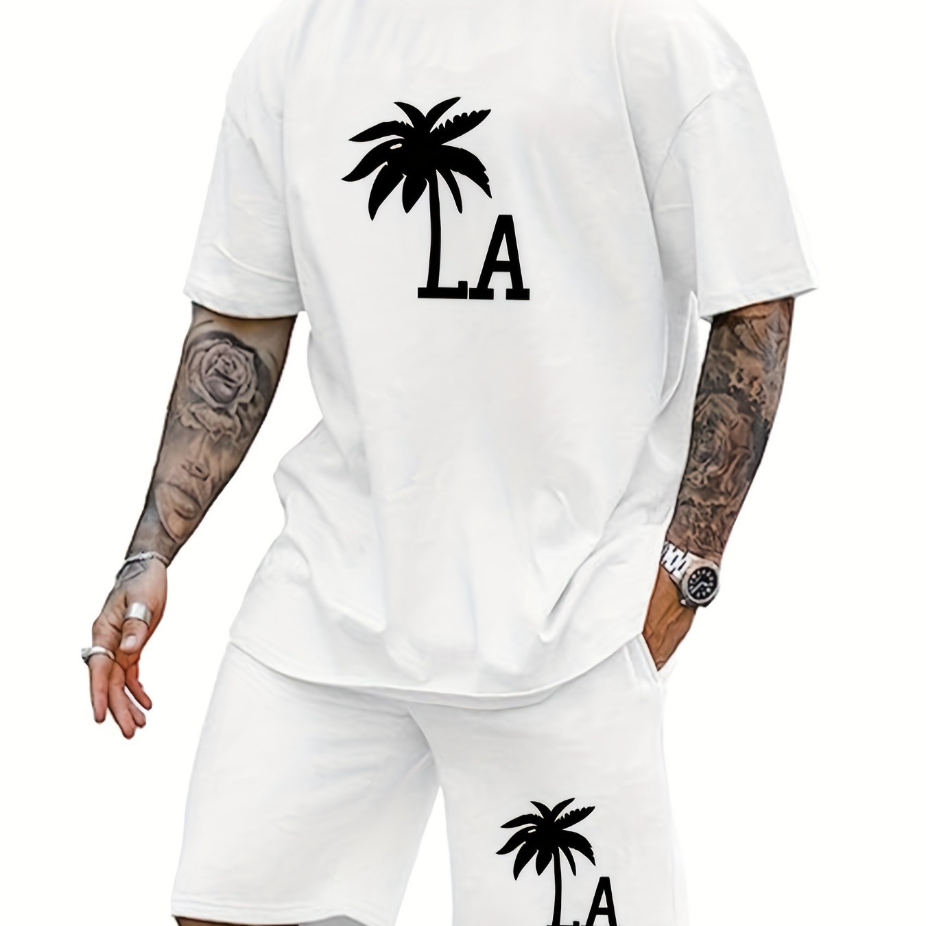 

Men's Trendy Casual Comfy Tees & Shorts, Letter Coconut Tree Graphic Print Crew Neck Short Sleeve T-shirt & Loose Shorts With Drawstring Pockets Home Pajamas Sets, Casual Sets For Summer