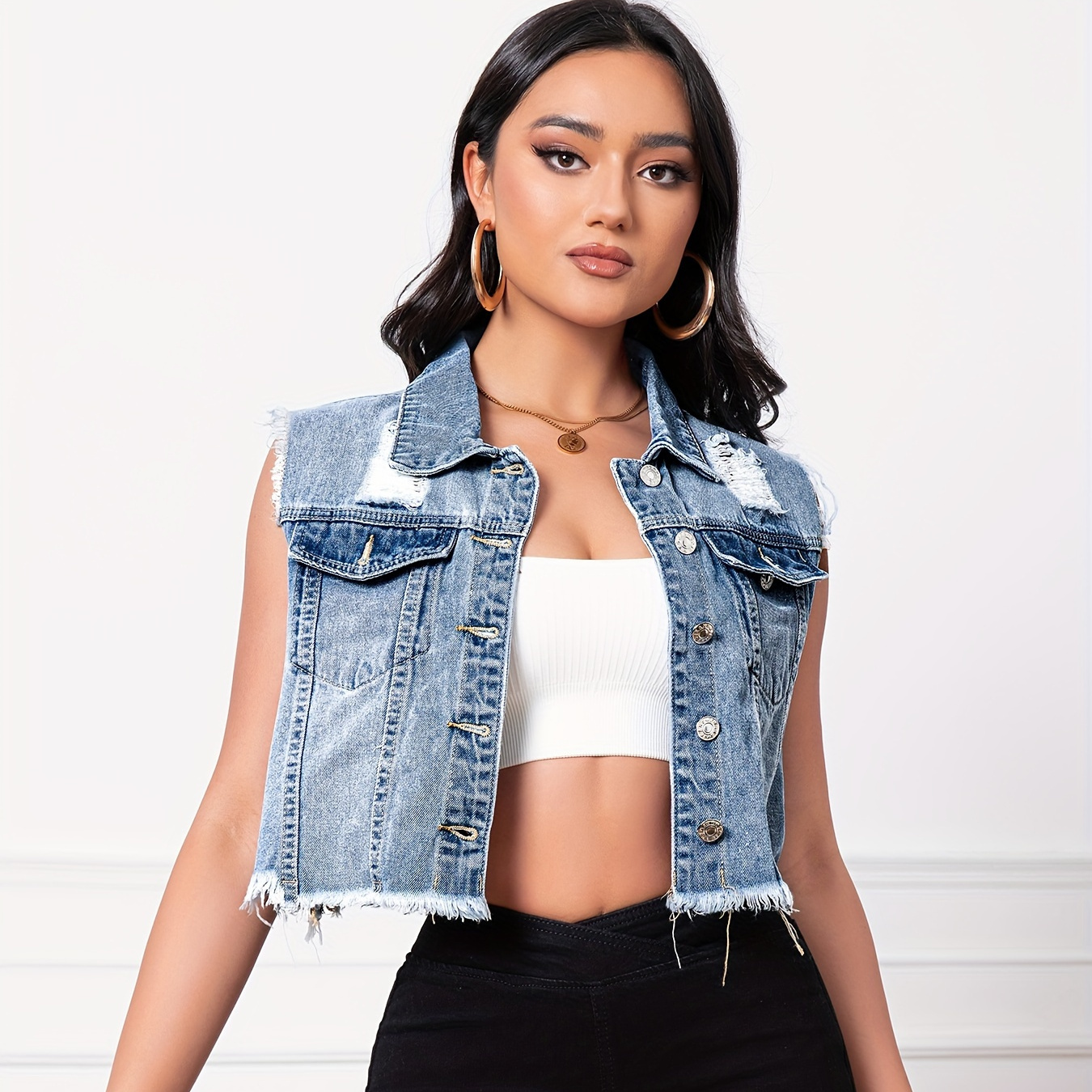 Gilet Jeans Oversize Donna PAODIKUAI - Senza Maniche, Cotone Denim - Foto 2