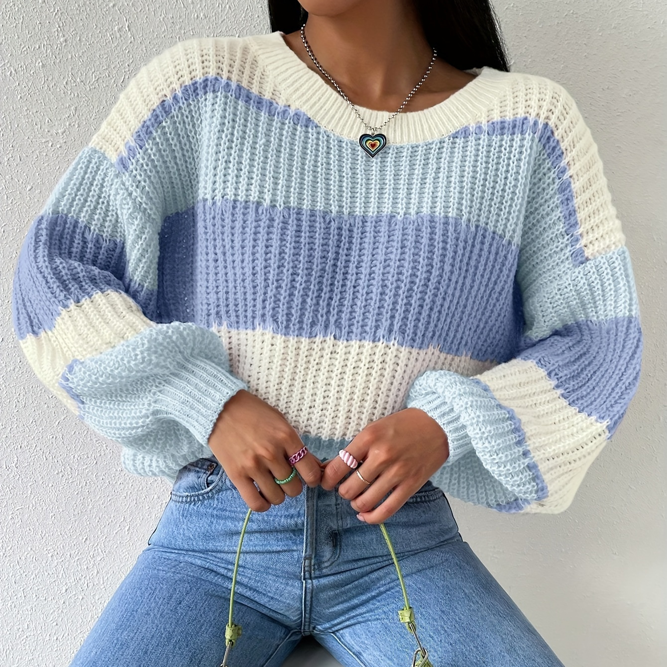 

Color Block Drop Shoulder Rib Sweater, Versatile Lantern Sleeve Crew Neck Knitted Top For Spring & Fall, Women's Clothing