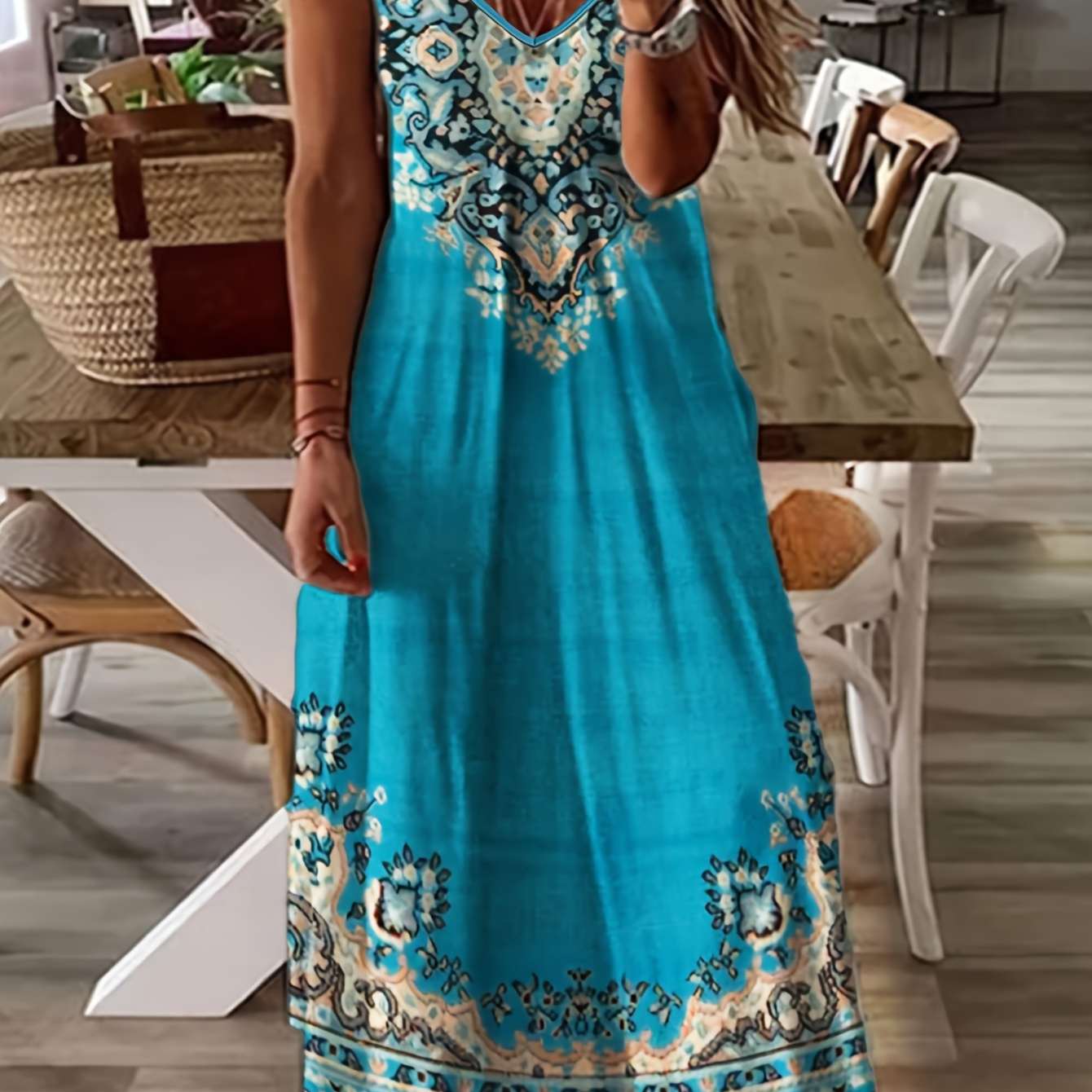 

Elegant Plus Size Women's Dress - Boho Chic Turquoise & Beige Floral Print, V-neck Cami With Fringe Detail, Lightweight Polyester Blend, Machine Washable, Plus Size Summer Dresses