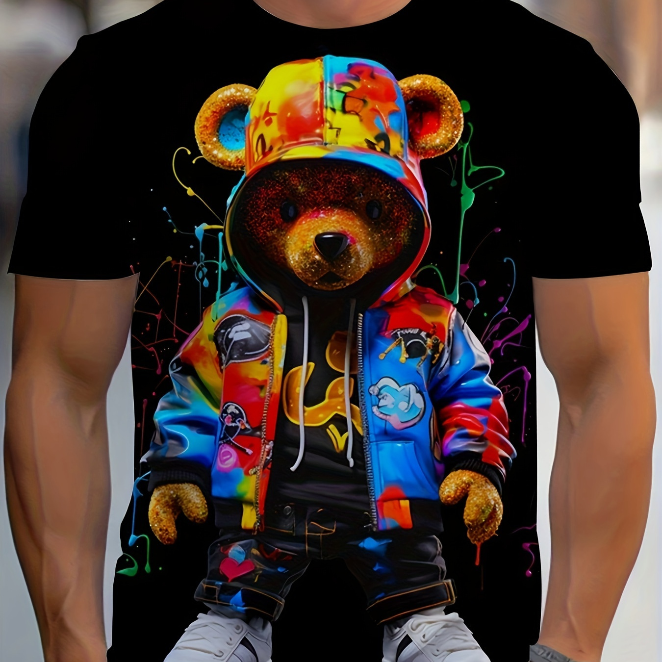 

Men's Stylish And Trendy 3d Digital Toy Bear In Colorful Hoodie Pattern T-shirt, Crew Neck And Short Sleeve Tops For Summer Street Wear