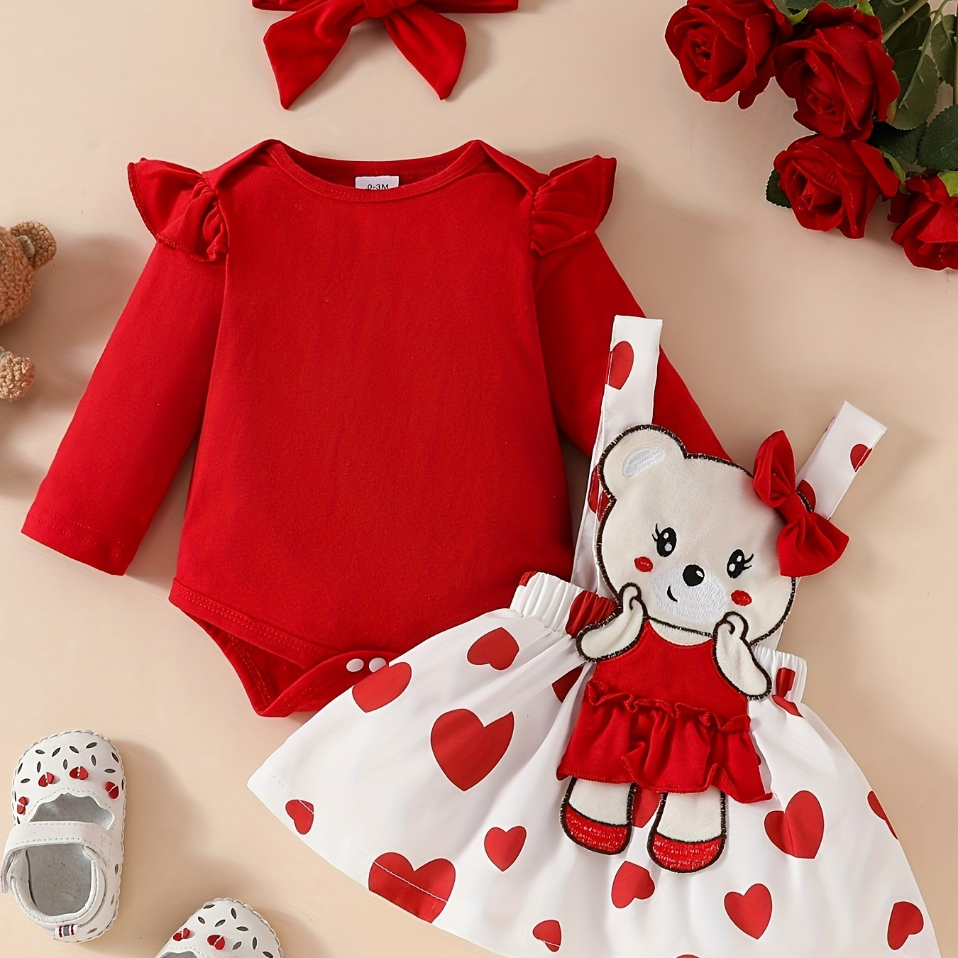 

2pcs 's Bear Patchwork Skirt + Hairband + Bodysuit, Toddler & Infant Girl's Clothing Set For Fall, Cloth