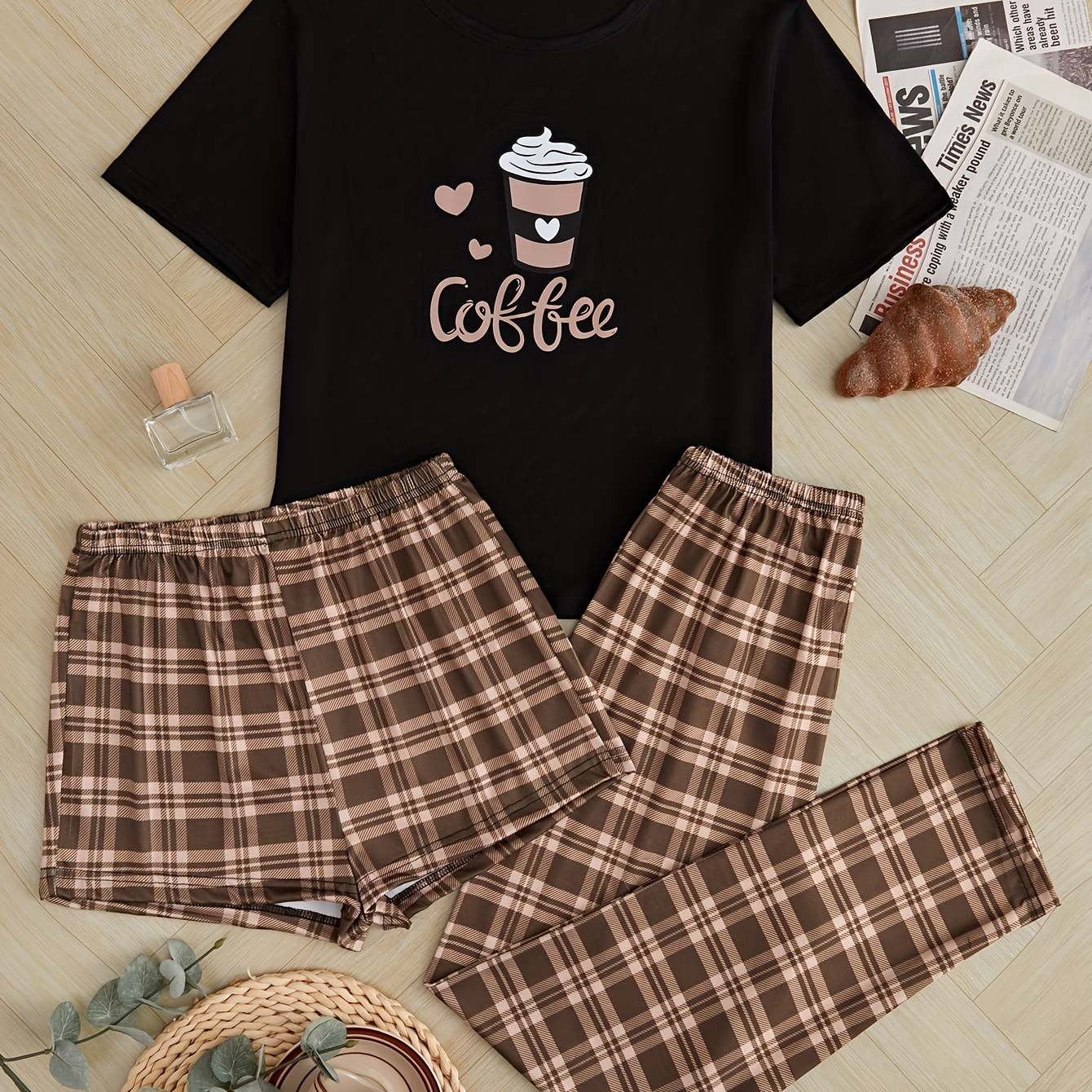 Cute Coffee Print Pajamas Set, Short Sleeve Tee Top And Pants Pj Set,  Women's Sleepwear & Loungewear