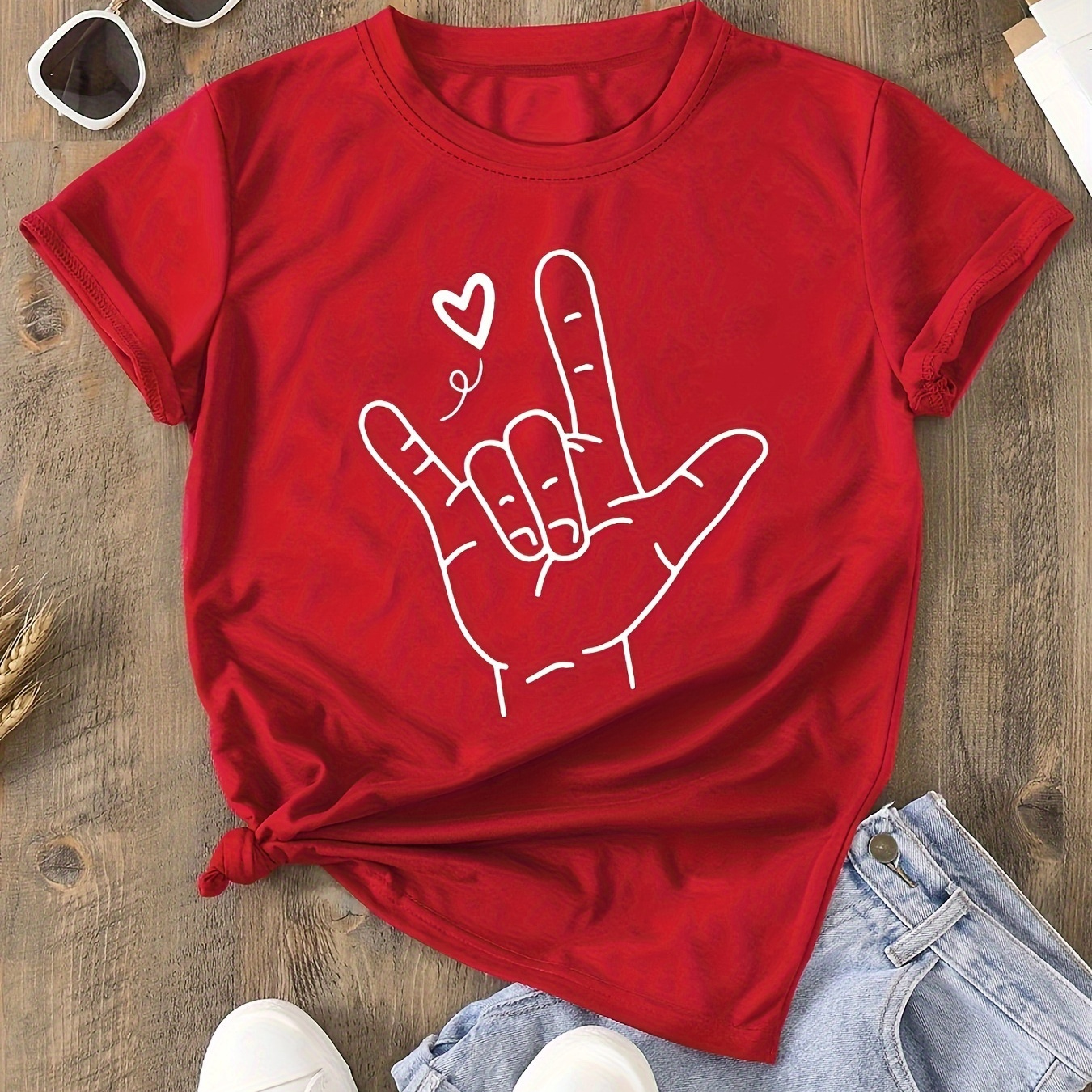 

Hands Print T-shirt, Short Sleeve Crew Neck Casual Top For Summer & Spring, Women's Clothing, Round Neck, Fashion