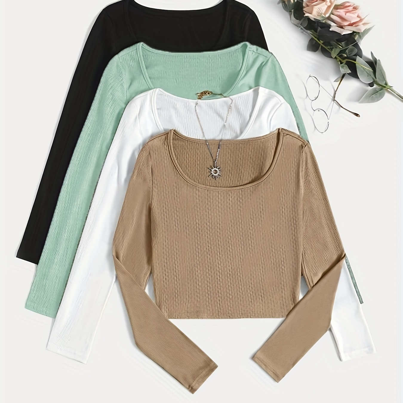 

Solid Scoop Neck T-shirt 4 Pack, Casual Simple Long Sleeve T-shirt, Women's Clothing