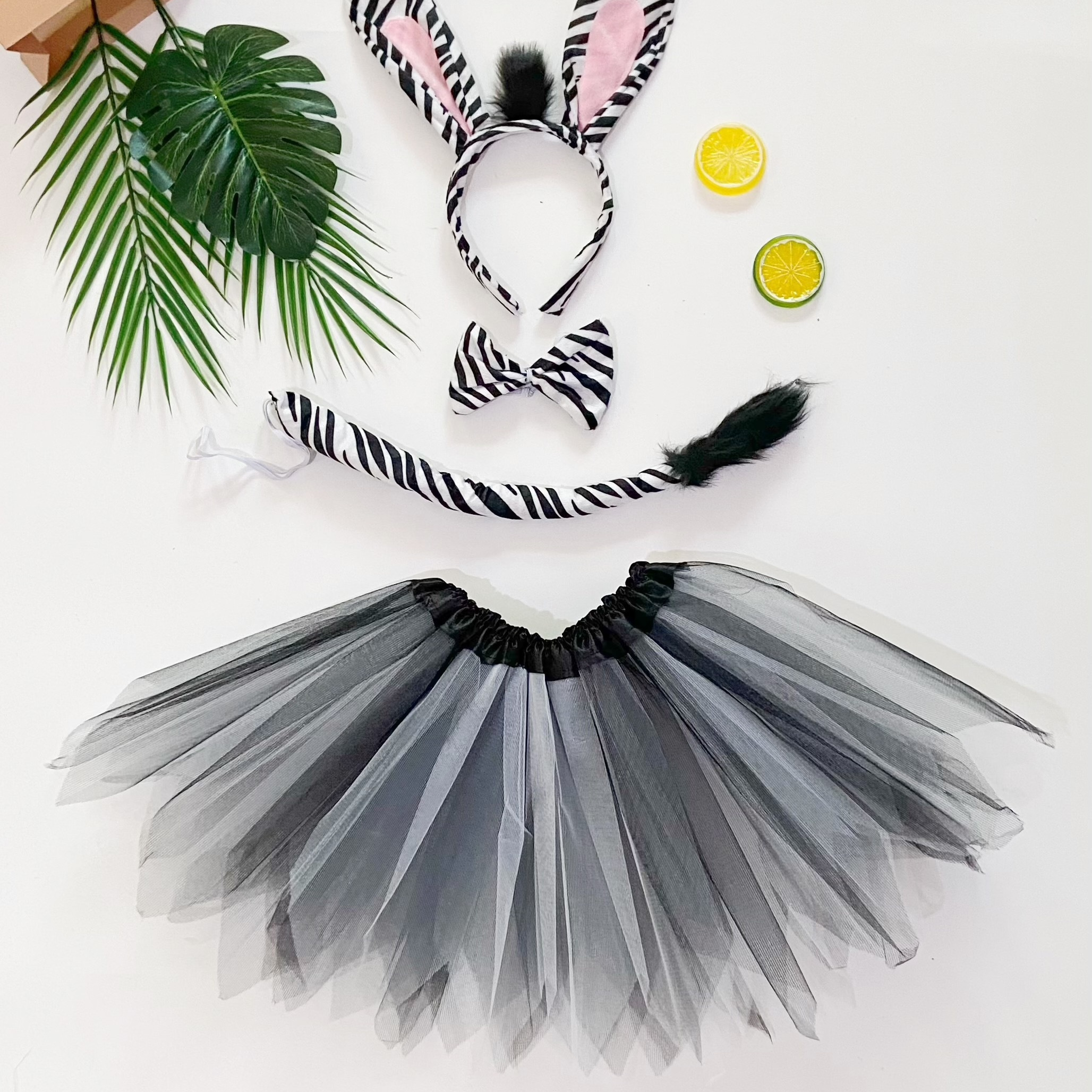 

Girls 4pcs/set Animal Themed Party Outfit, Zebra Dress Up Mesh Skirt & Tail & Bowtie & Headband For Party