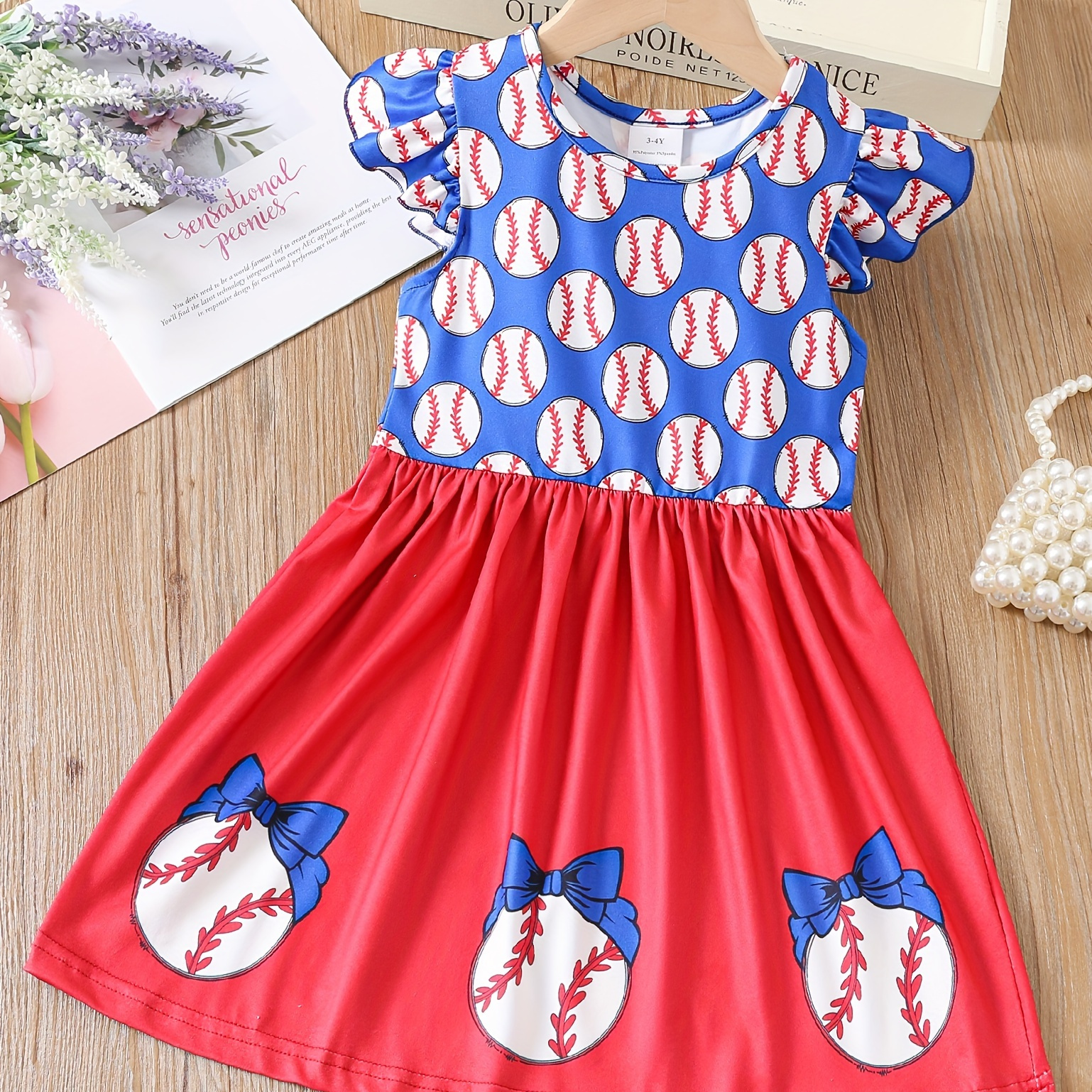 

Girls Splicing Flutter Trim Baseball Graphic Dress Summer Clothes Party Gift