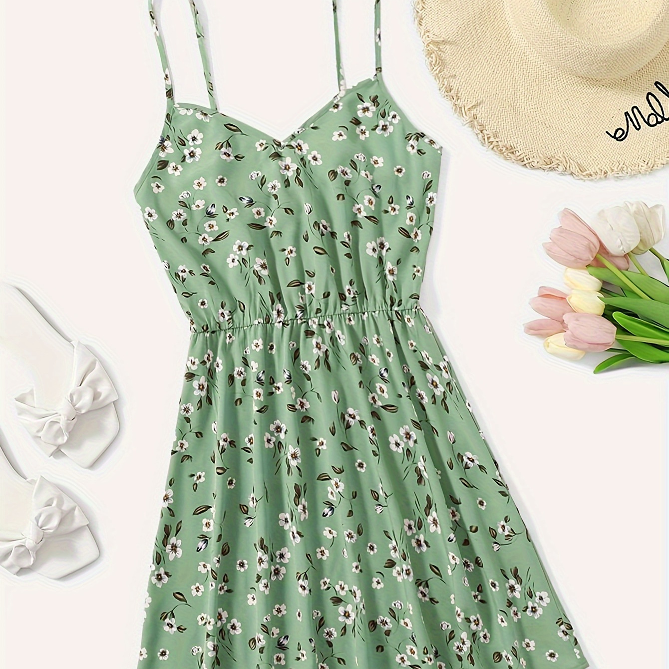 

Floral Print Spaghetti Strap Dress, Vacation Sleeveless Cami Dress For Spring & Summer, Women's Clothing