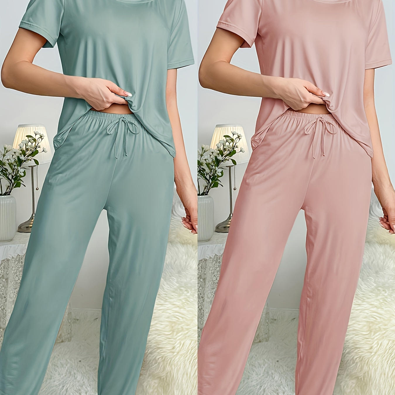 

2 Pyjama Simple et Solide pour Femmes, Haut à Manches Courtes et Col Rond et Pantalon de Jogging, Coupe Décontractée Confortable