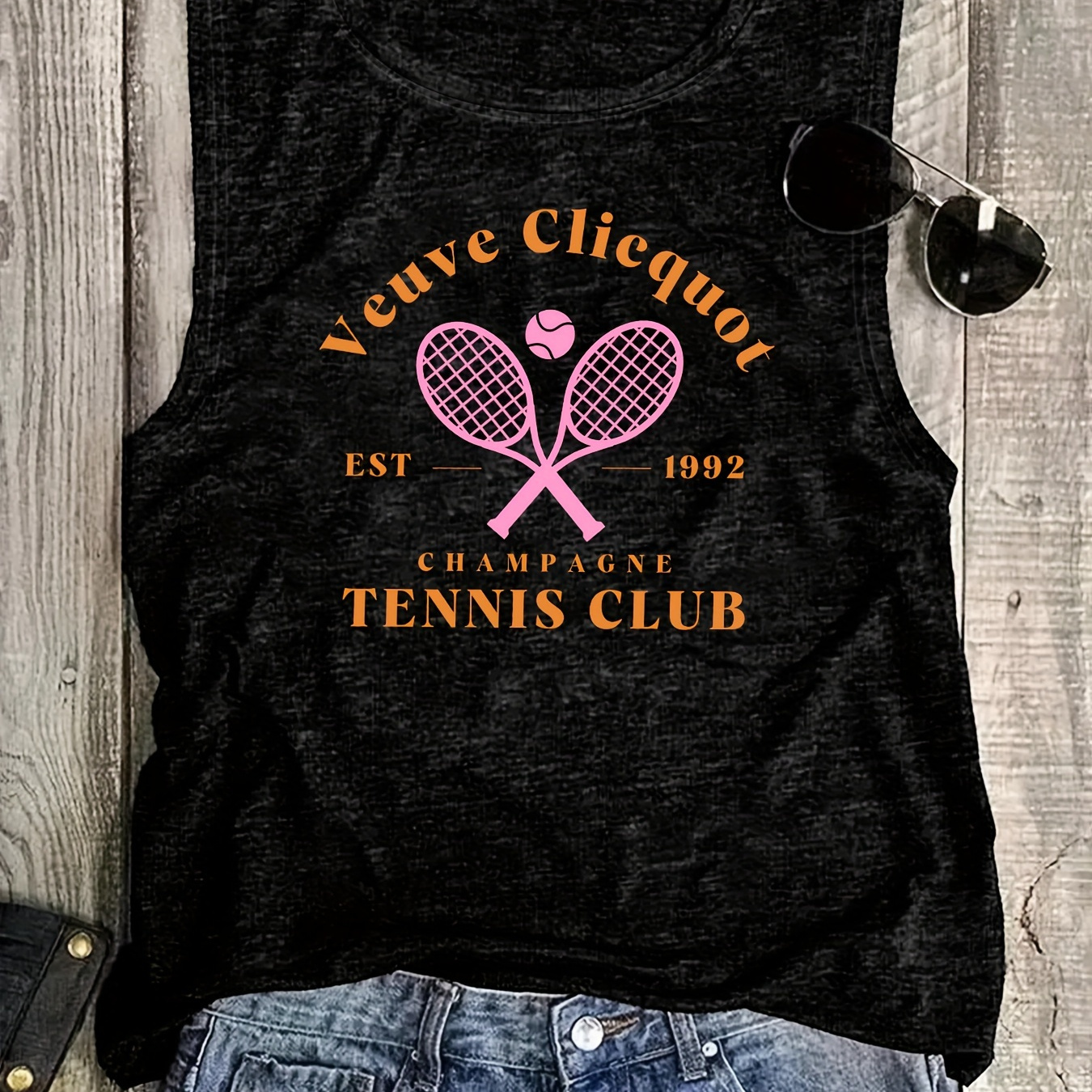 

Tennis Racket Print Tank Top, Sleeveless Casual Top For Summer & Spring, Women's Clothing