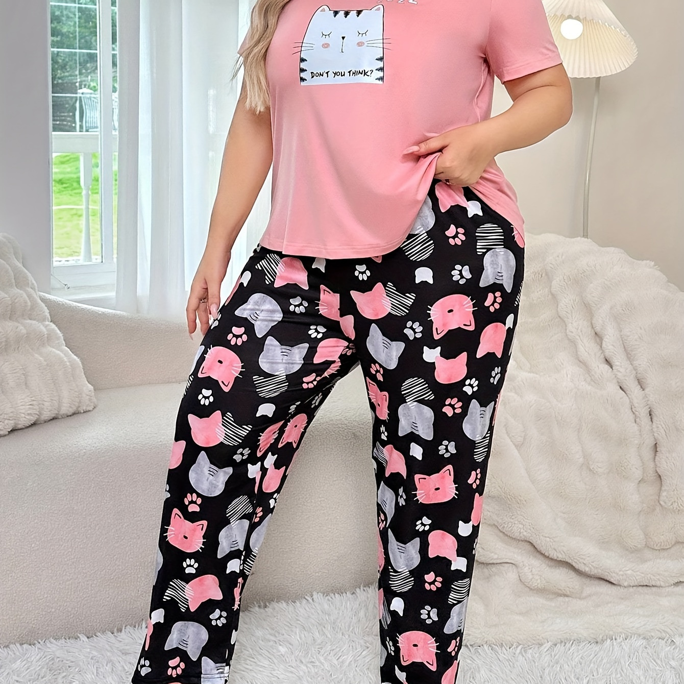 

Plus Size Women's Cute Print Pajama Set - Comfy Polyester , Round Neck Top & Long Pants, Machine Washable - All