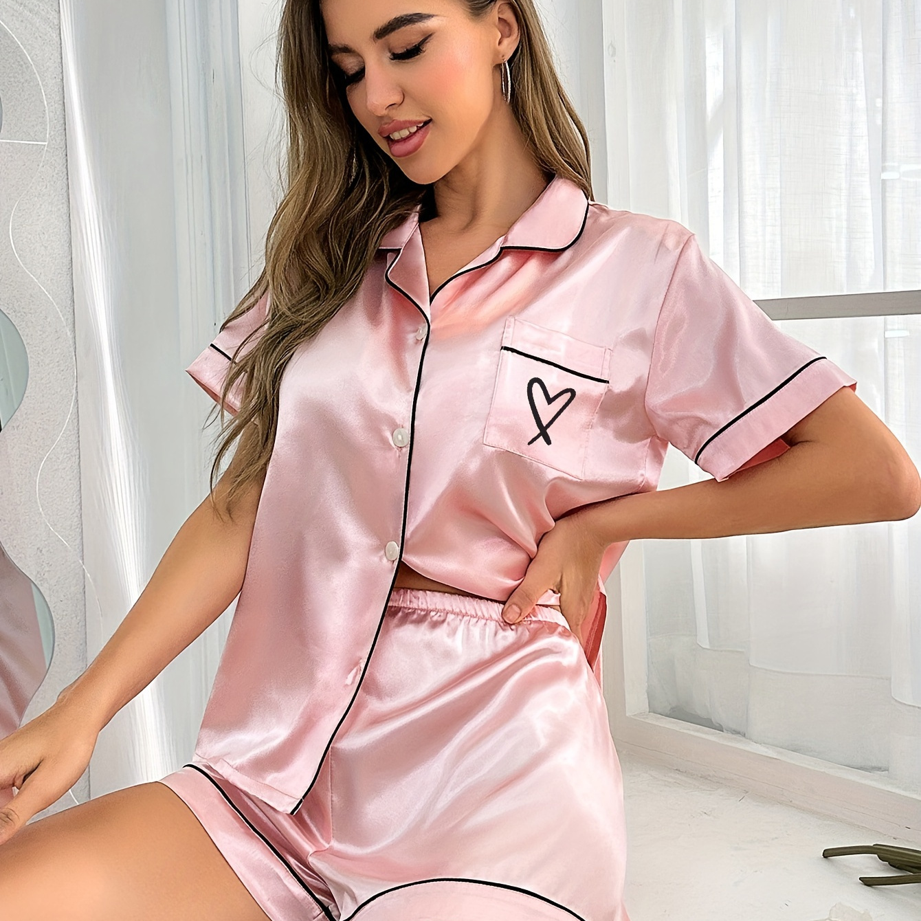 

Women's Heart Embroidery Satin Casual Pajama Set, Short Sleeve Buttons Lapel Top & Shorts, Comfortable Relaxed Fit For Fall & Winter