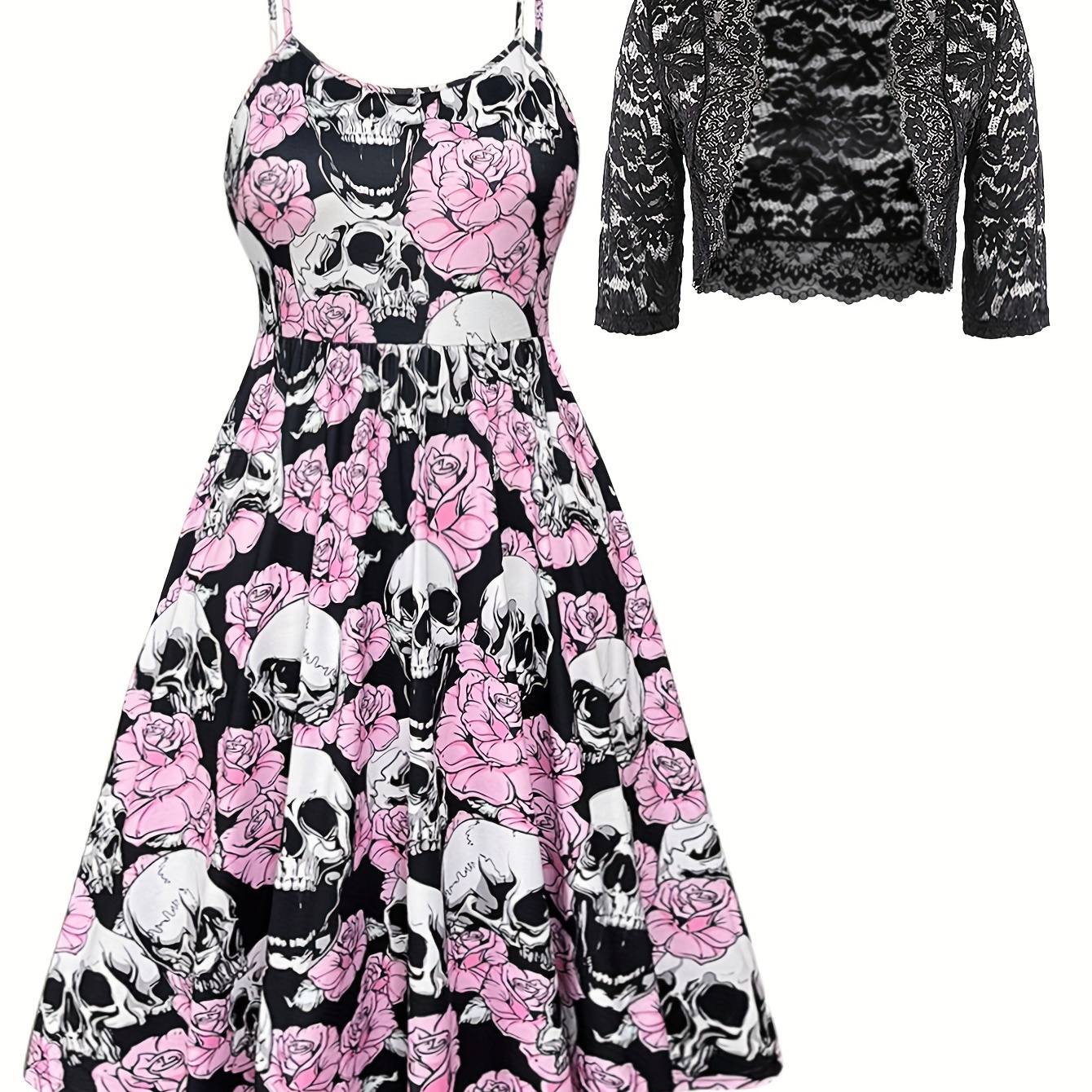 

Plus Size Floral & Skull Print Two-piece Set, Floral Lace Open Front Top & Slip Dress Outfits, Women's Plus Size clothing