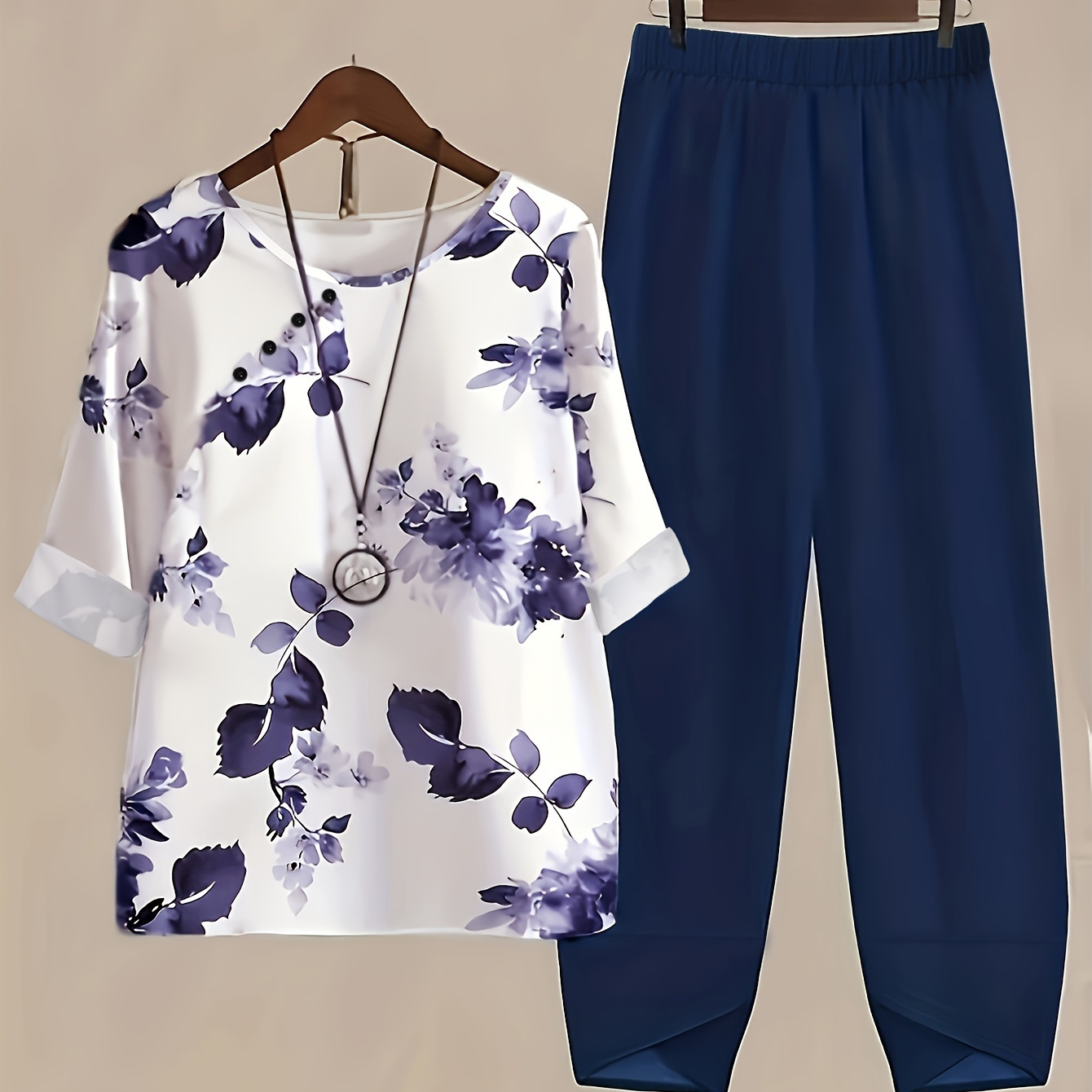 

Elegant Two-piece Set, Floral Print Short Sleeve Blouse & Solid Elastic Waist Tulip Hem Loose Pants Outfits, Women's Clothing