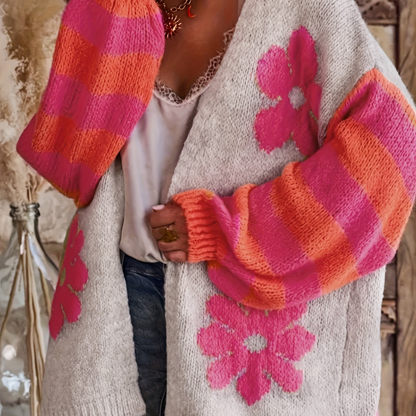 

Elegant Floral Knit Cardigan - Cozy Long Sleeve Open Front Sweater With Pink, Orange, And Stripes For Women, Soft Viscose/polyester , Autumn & Winter