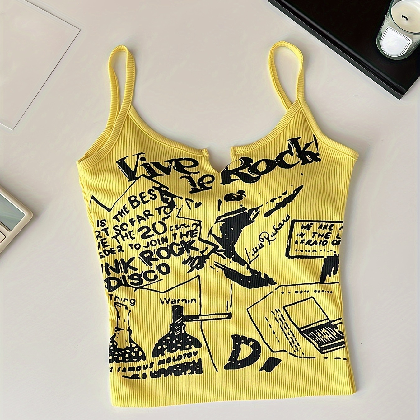 

Graphic Print Strap Top, Y2k Notch Neck Sleeveless Cami Top For Summer, Women's Clothing