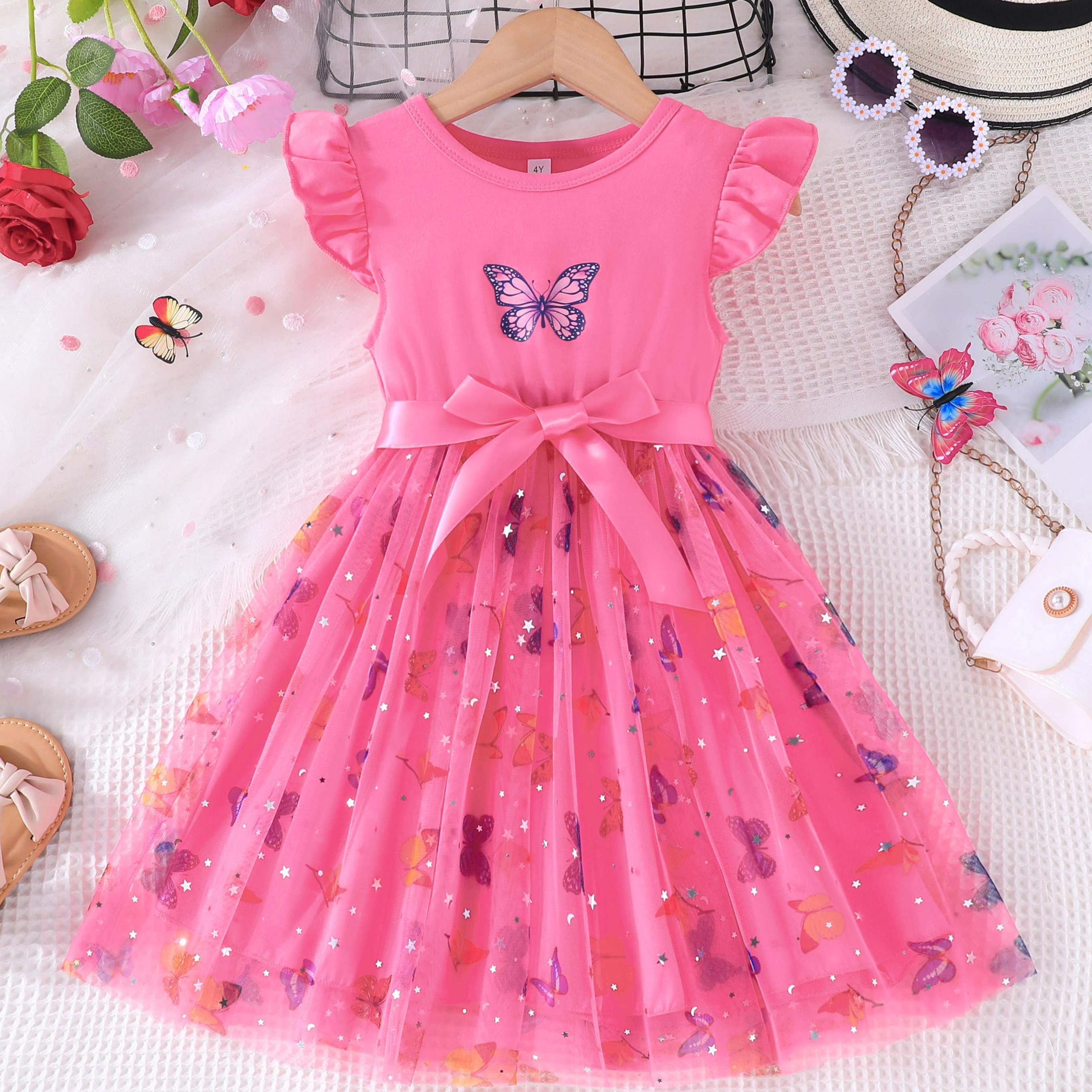 

Butterfly Print Star & Moon Sequin Decor Tutu Dress, Dreamy Mesh Dress For Girls Summer Holiday Party Gift