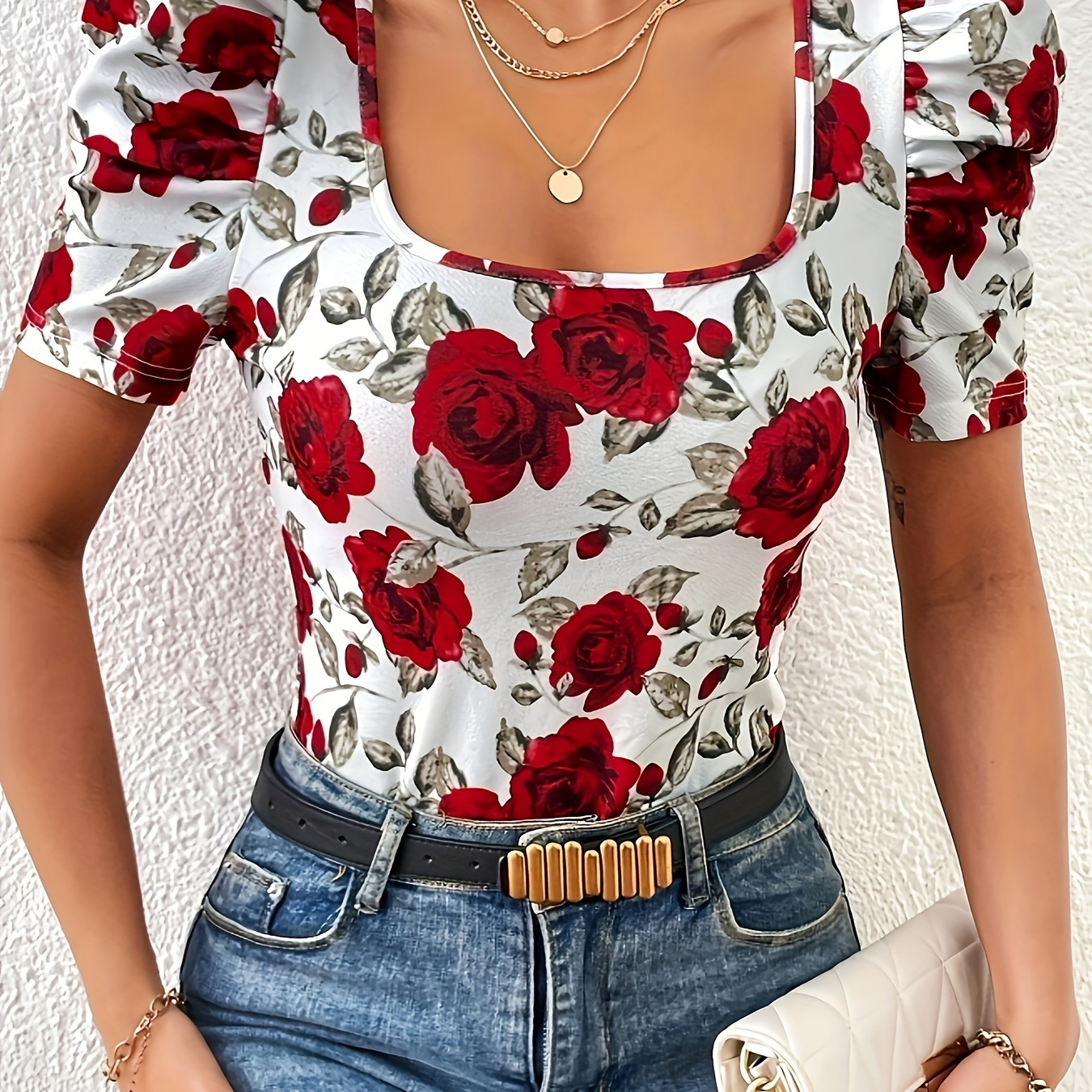 

Floral Print Square Neck T-shirt, Casual Short Puff Sleeve Slim T-shirt For Spring & Summer, Women's Clothing