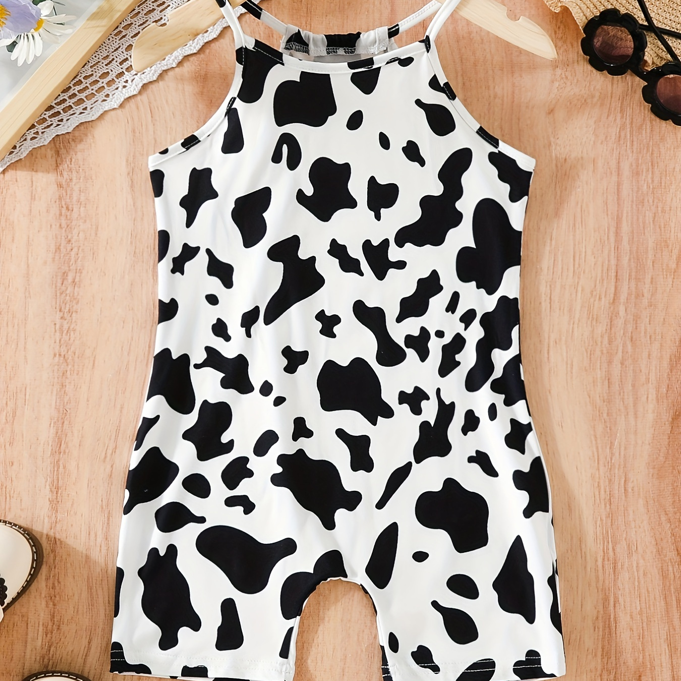 

Toddler Girls Spring/ Summer/ Autumn Cute Cow Print Strap Jumpsuit For Casual Outwear