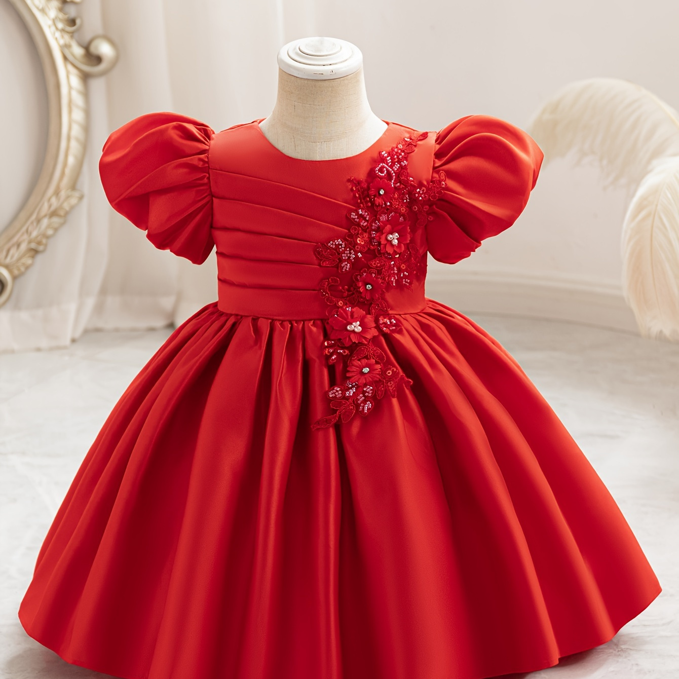 

Baby's Elegant Beaded Flower Applique Puff Sleeve Gown Dress, Toddler Girl's Clothing For Formal Occasion/birthday Party/photography/banquet