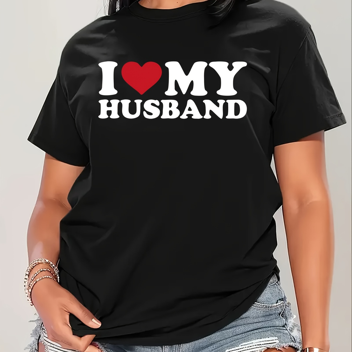 

Love My Husband Print T-shirt, Short Sleeve Crew Neck Casual Top For Summer & Spring, Women's Clothing