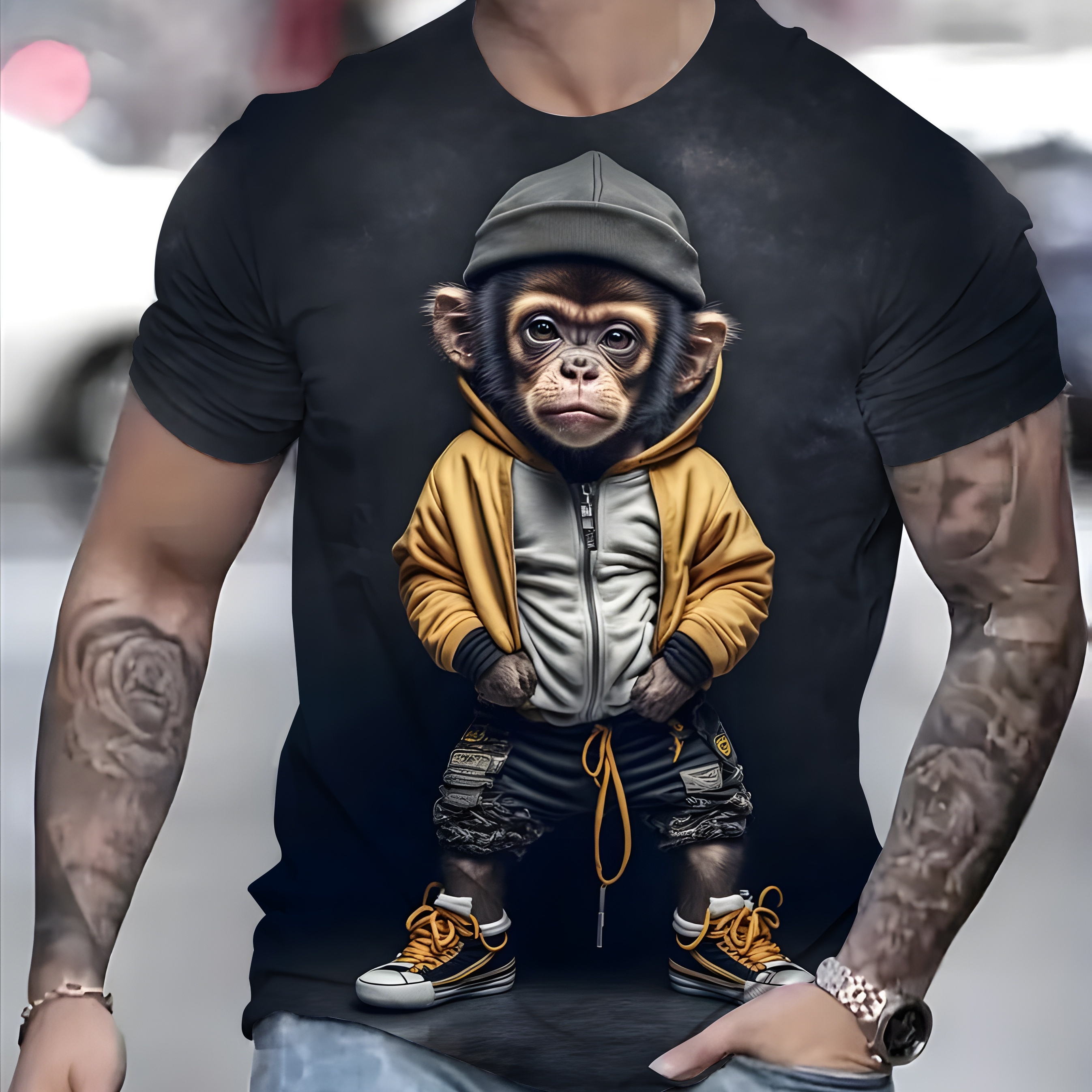 

Cartoon Monkey Graphic Print Crew Neck Short Sleeve T-shirt For Men, Casual Summer T-shirt For Daily Wear And Vacation Resorts