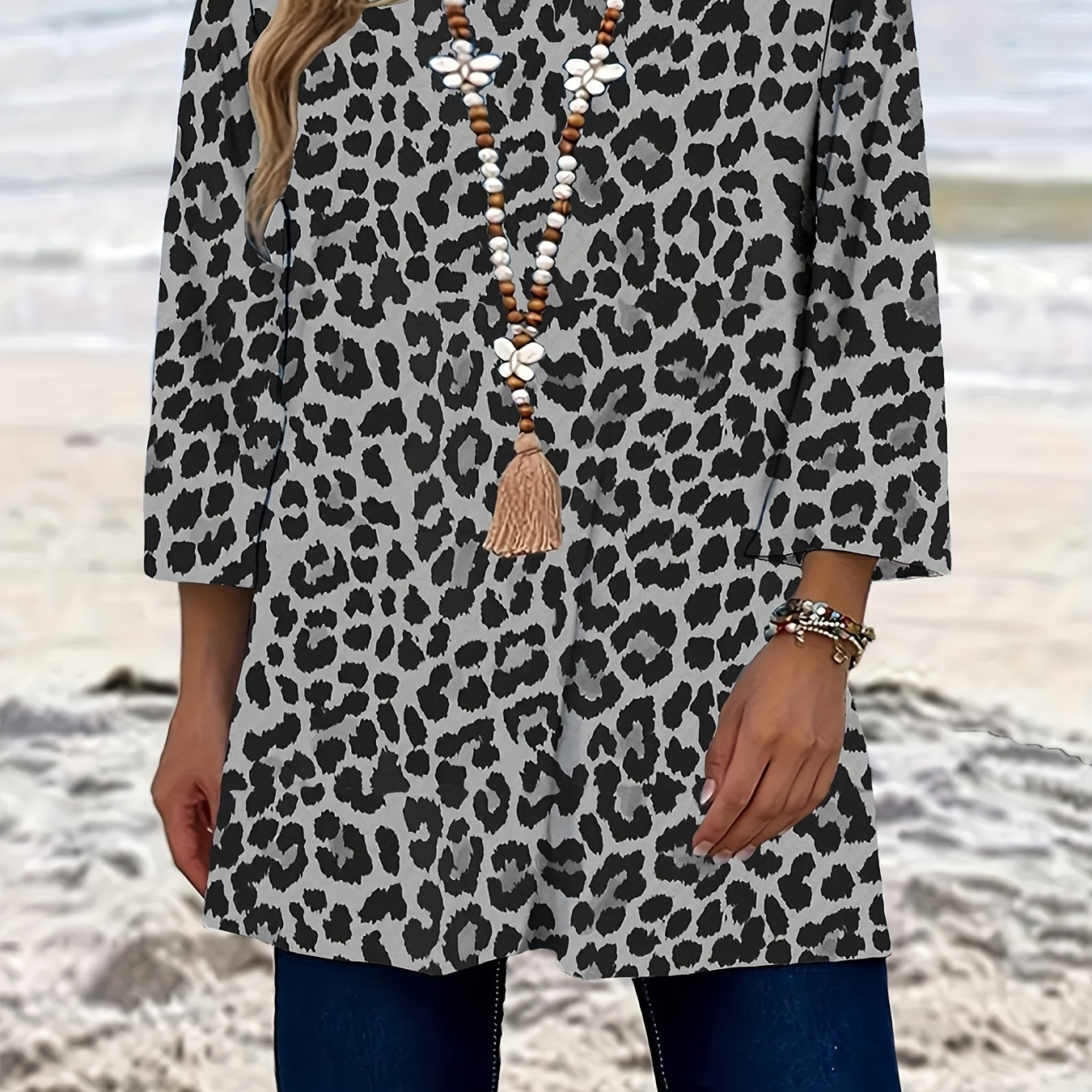 

Plus Size Leopard Print T-shirt, Casual Crew Neck 3/4 Sleeve T-shirt, Women's Plus Size clothing
