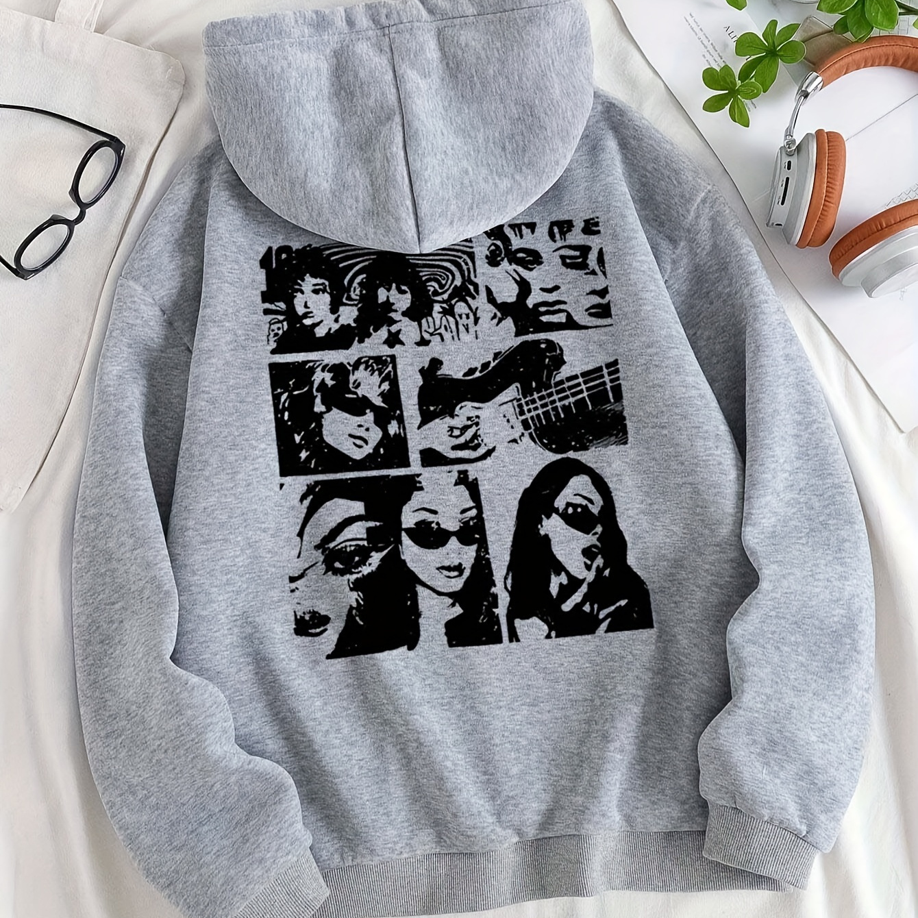 

Chic Portrait Graphic Hoodie For Women - Cozy Drawstring Pullover, Perfect For Fall & Winter, Machine Washable
