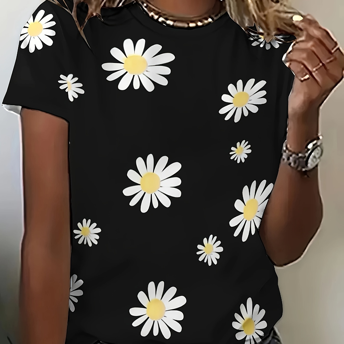 

Women's 3d Daisy Print T-shirt, Fashion Floral Graphic Tee, Short Sleeve, Casual Top, Fashion Design, Summer Wear