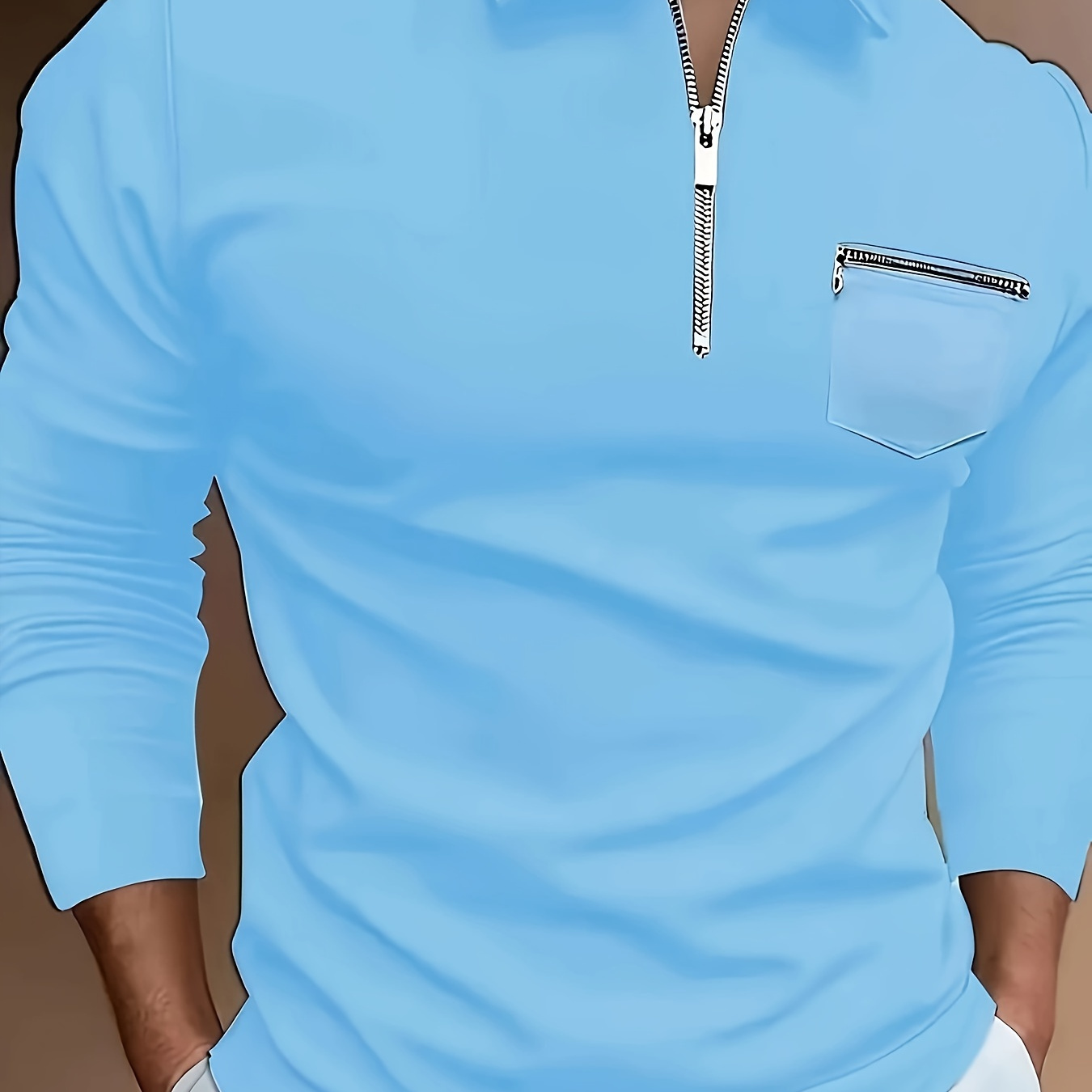 

Solid Color Men's Comfortable Long Sleeved Zipper Lapel Shirt With Chest Pocket, Fashionable And Casual Long Sleeved Polo Shirt