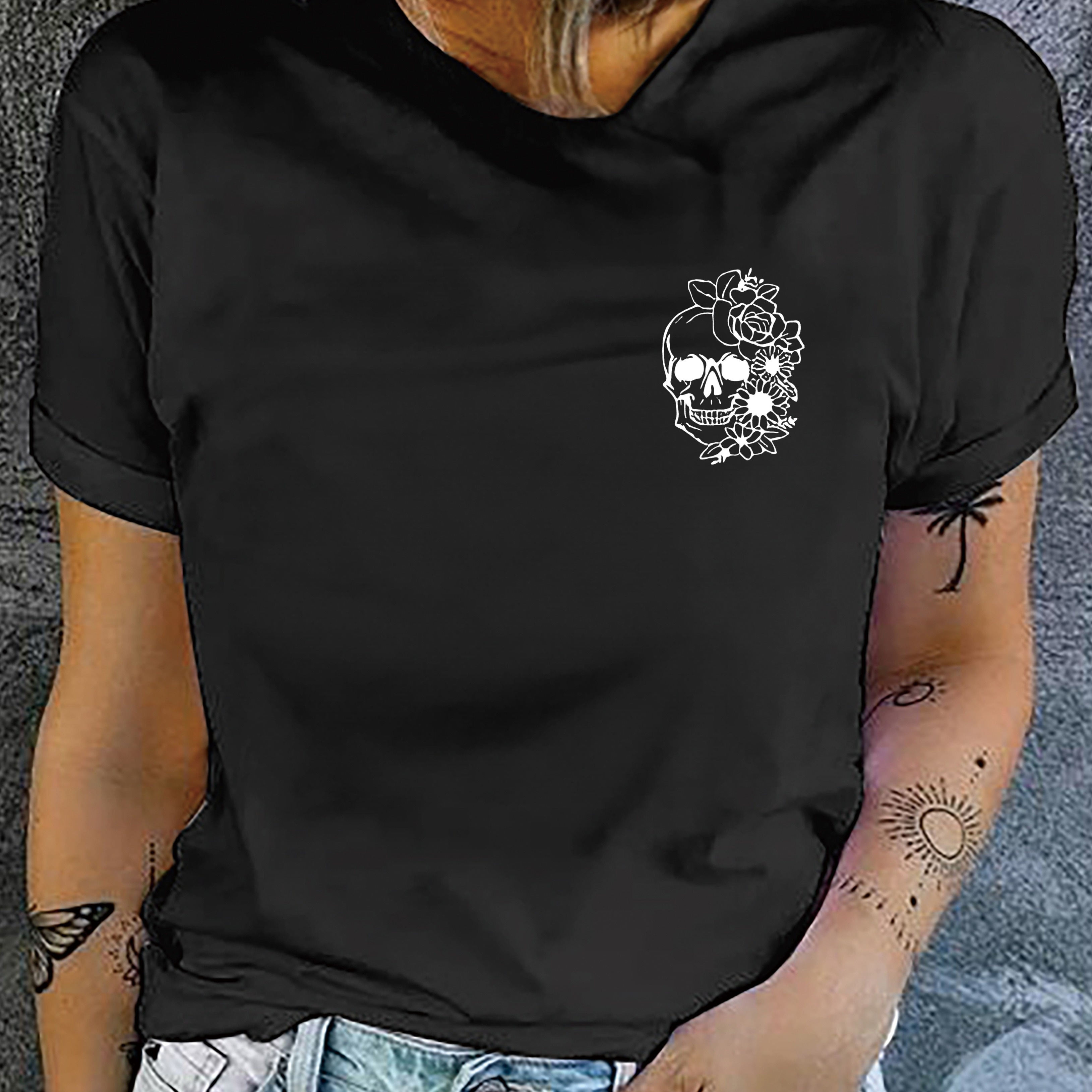 

Skull Print T-shirt, Short Sleeve Crew Neck Casual Top For Summer & Spring, Women's Clothing
